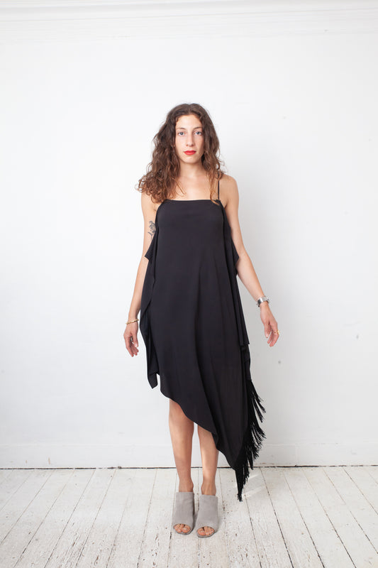 Balenciaga 2016 black asymmetric slip on dress with fringes