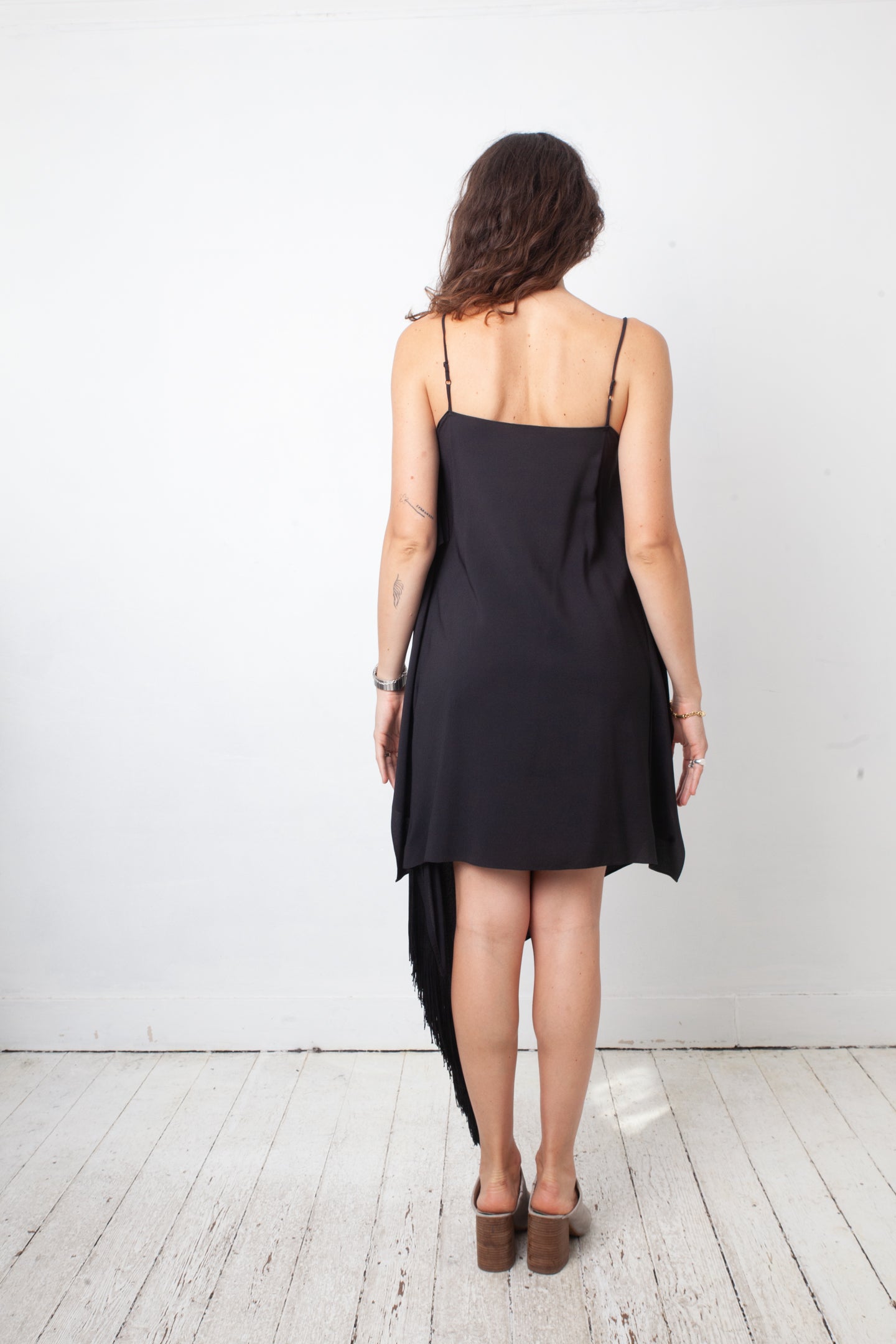 Balenciaga 2016 black asymmetric slip on dress with fringes