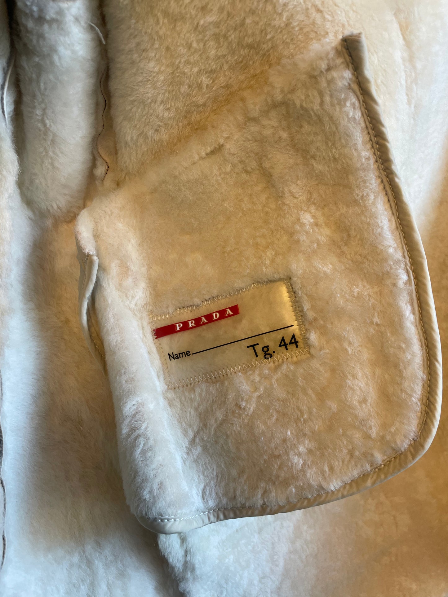Prada linea rossa 2007 dyed shearling leather coat with fox collar and nylon pockets