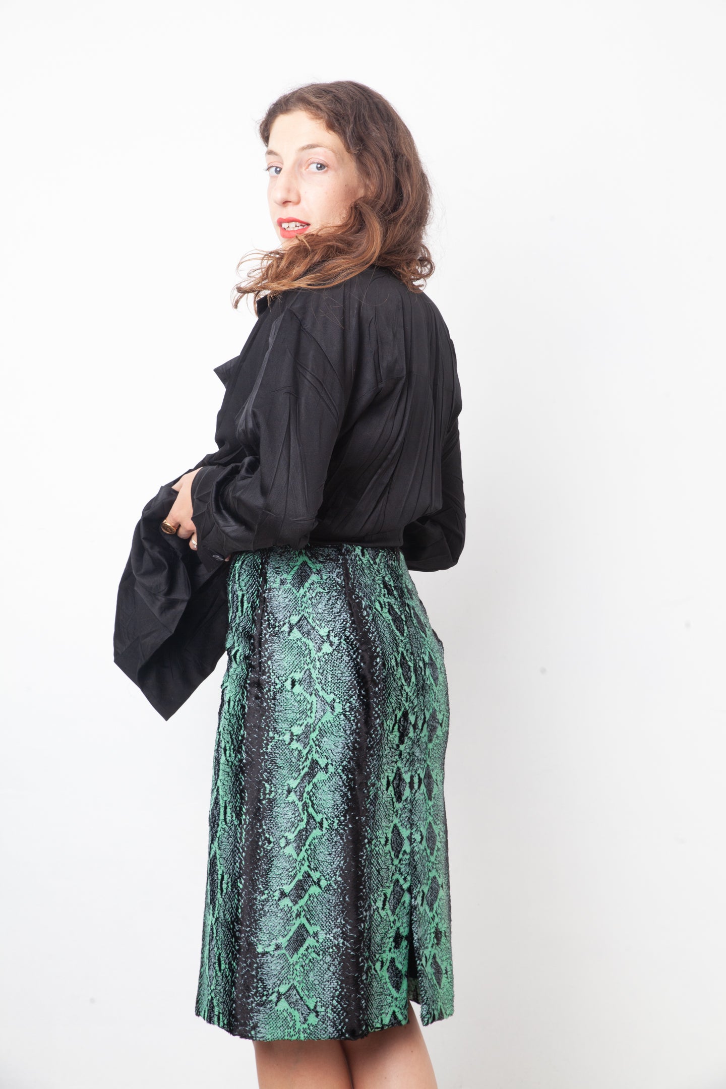 Dries van Noten Fall 2020 python print turquoise and black velvet pencil skirt