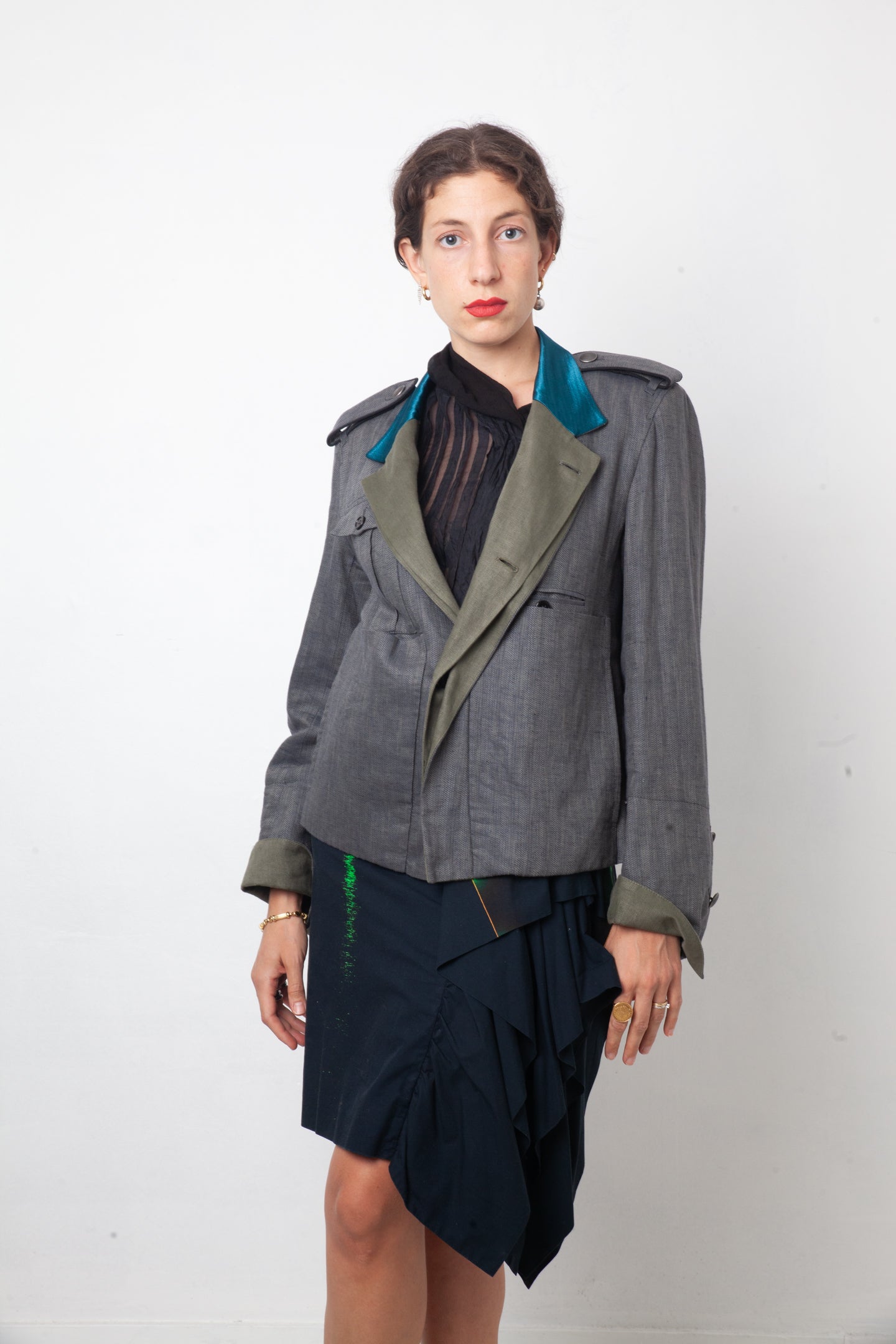 Ann Demeulemeester 2000's linen military blazer with turquoise collar
