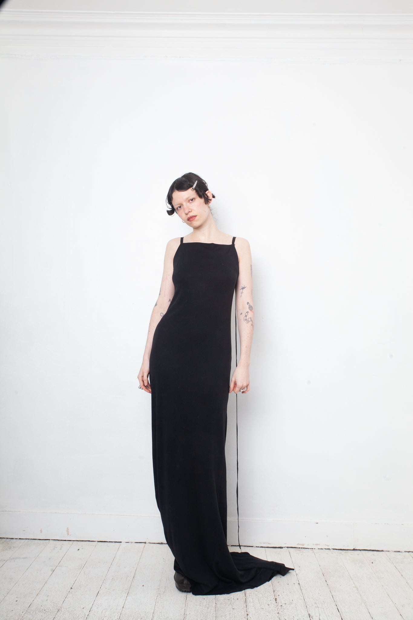 Ann Demeulemeester SS 2023 jersey black long evening dress with draped back