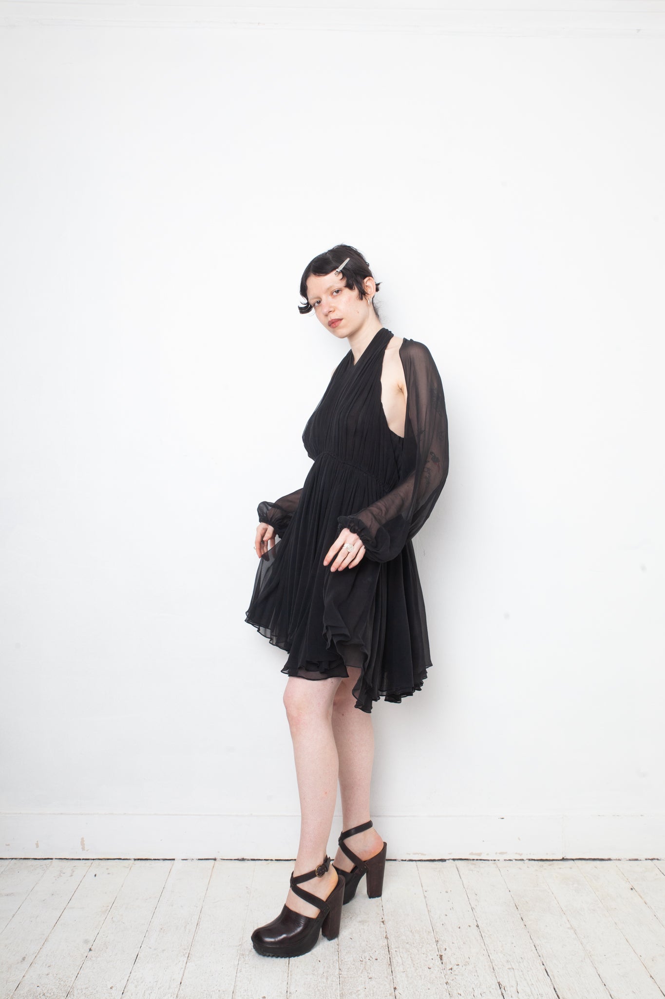 No Label Black silk babydoll pleated dress with sheer balloon sleeves