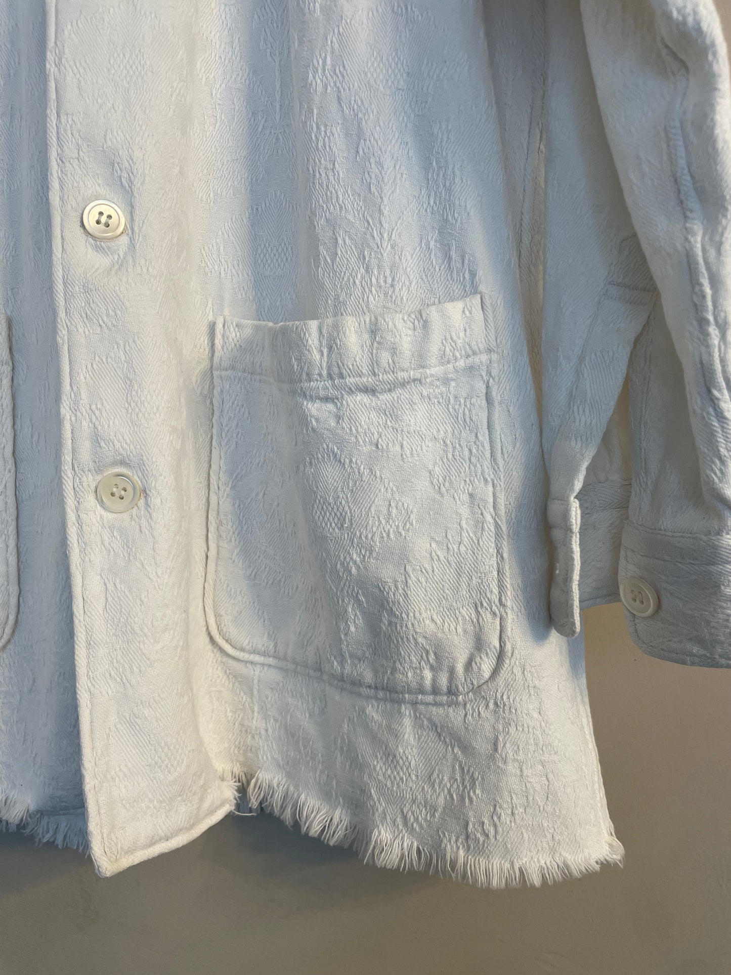 Comme des Garçons 2000's white jacquard worker's jacket with distressed hems