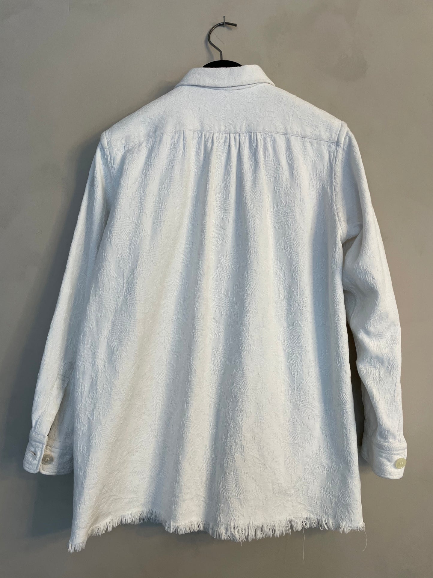 Comme des Garçons 2000's white jacquard worker's jacket with distressed hems
