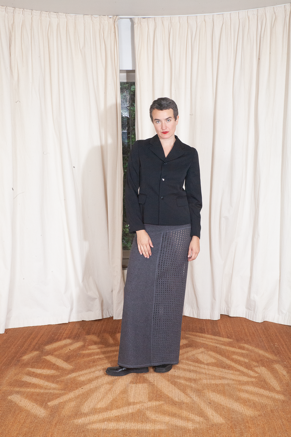 Kosuke Tsumura 90s grey geometric perforated architectural straight maxi skirt