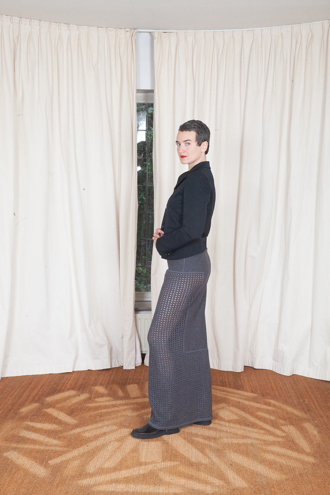 Kosuke Tsumura 90s grey geometric perforated architectural straight maxi skirt