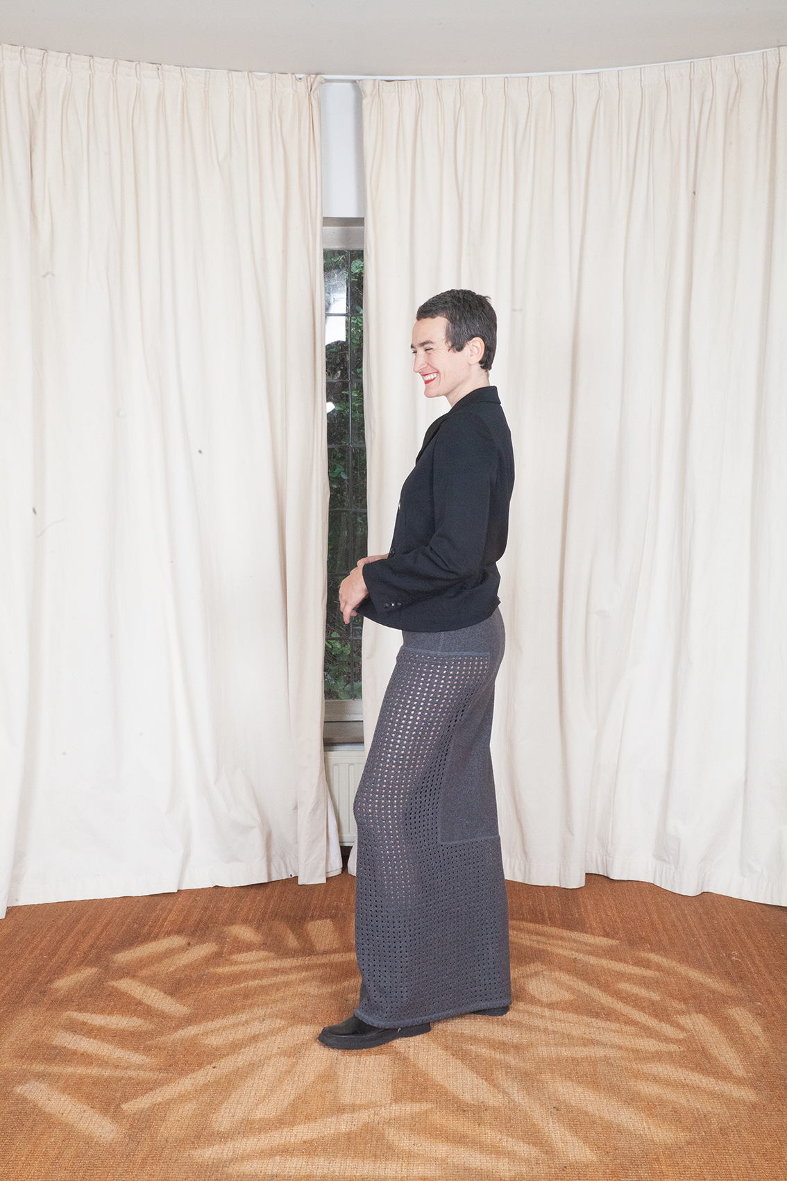 Kosuke Tsumura 90s grey geometric perforated architectural straight maxi skirt