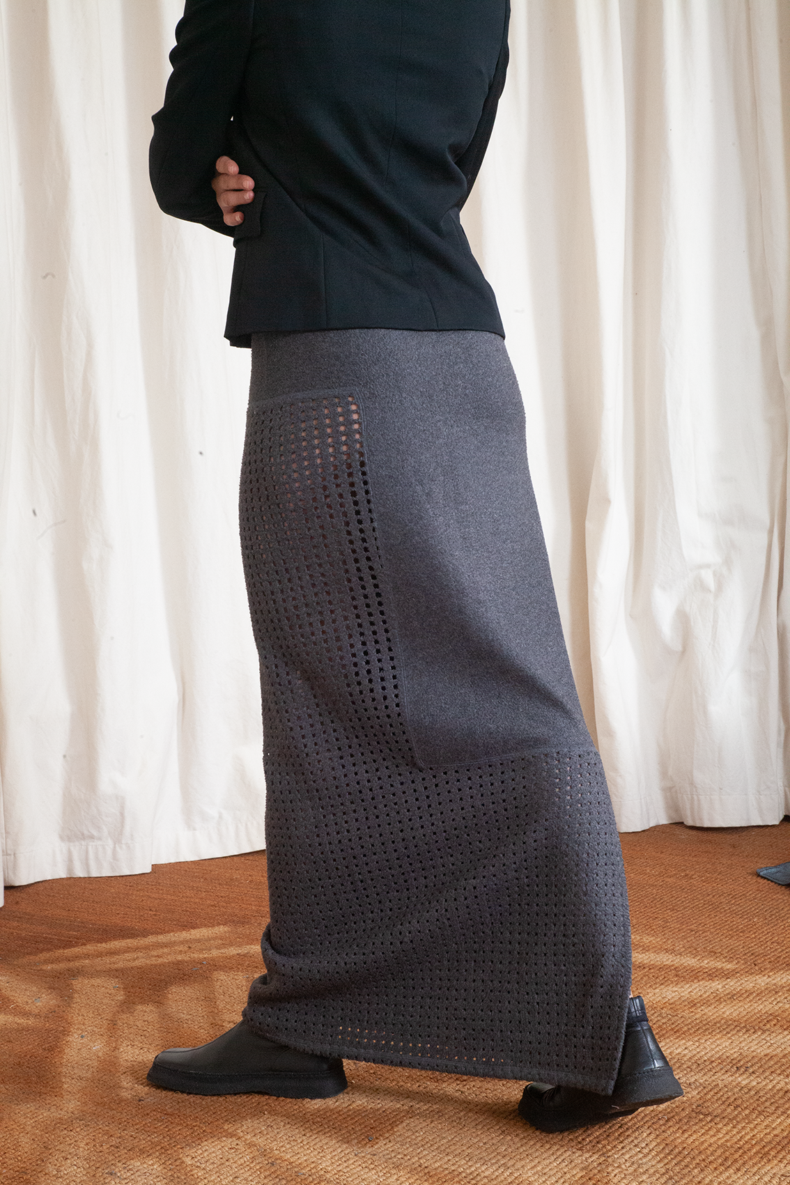 Kosuke Tsumura 90s grey geometric perforated architectural straight maxi skirt