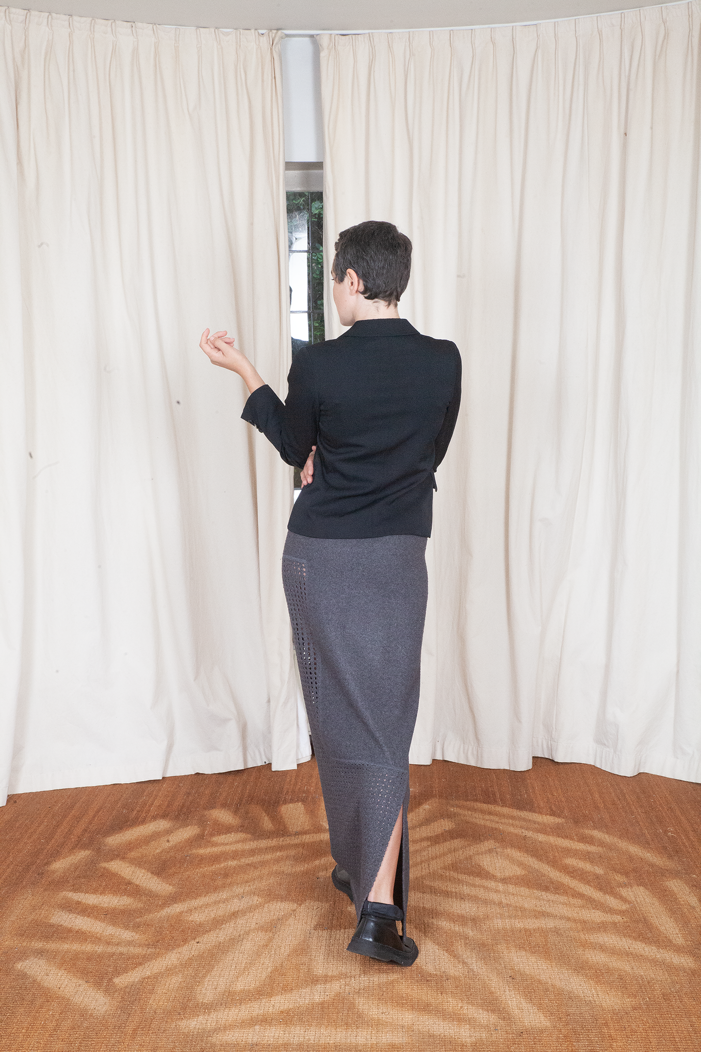 Kosuke Tsumura 90s grey geometric perforated architectural straight maxi skirt