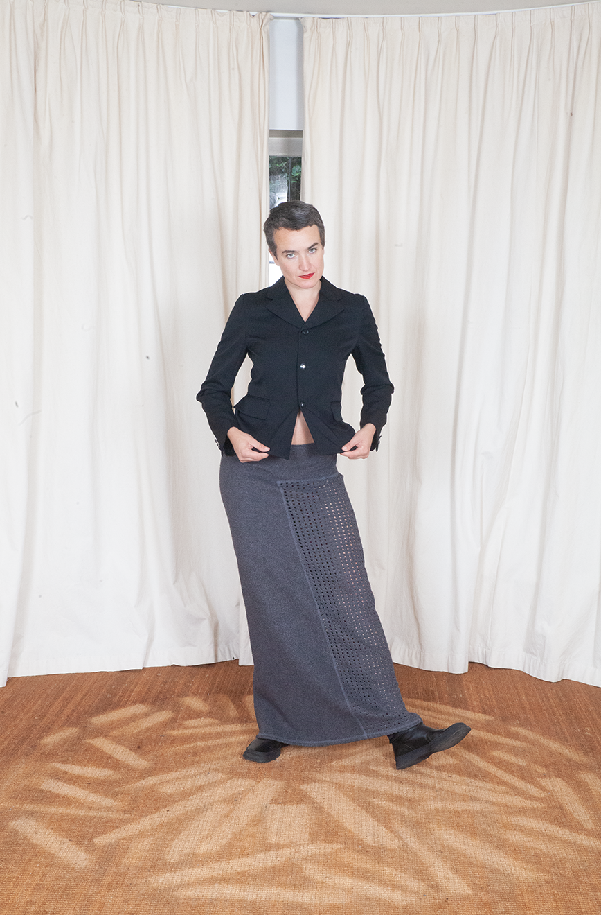 Kosuke Tsumura 90s grey geometric perforated architectural straight maxi skirt