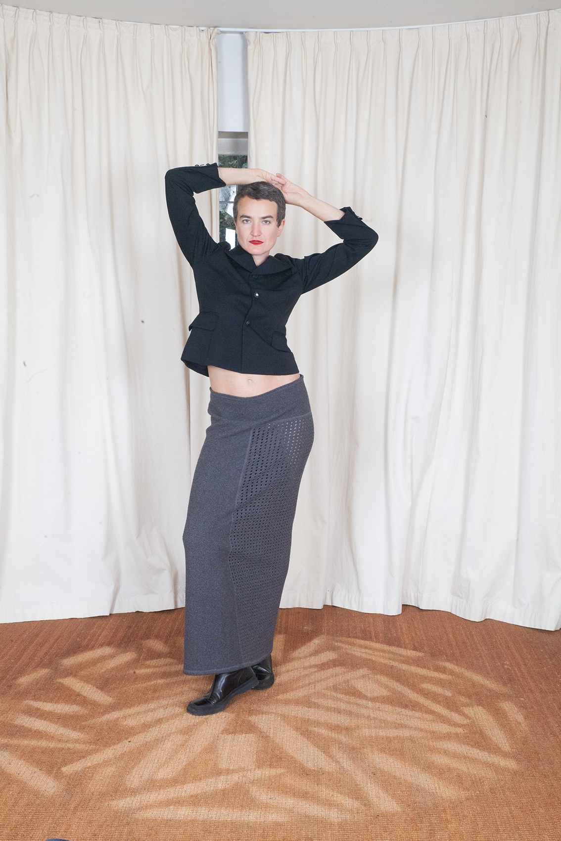 Kosuke Tsumura 90s grey geometric perforated architectural straight maxi skirt
