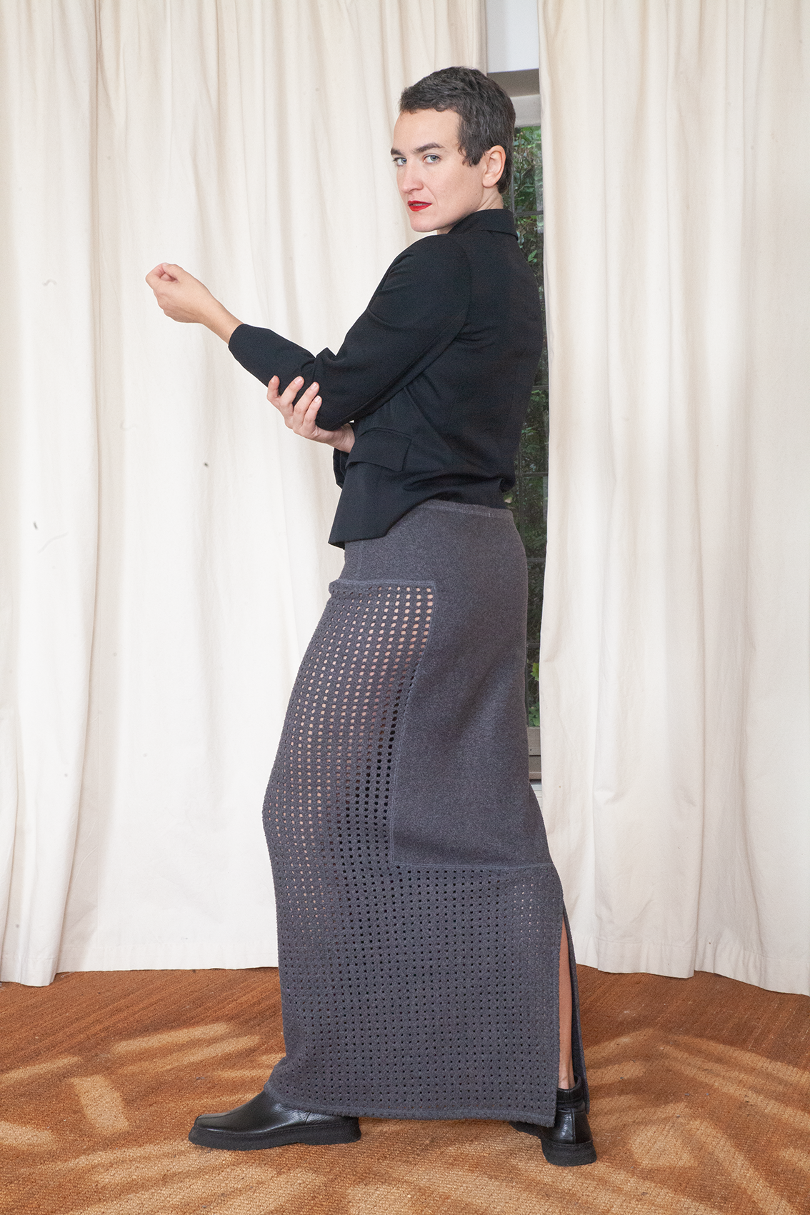 Kosuke Tsumura 90s grey geometric perforated architectural straight maxi skirt