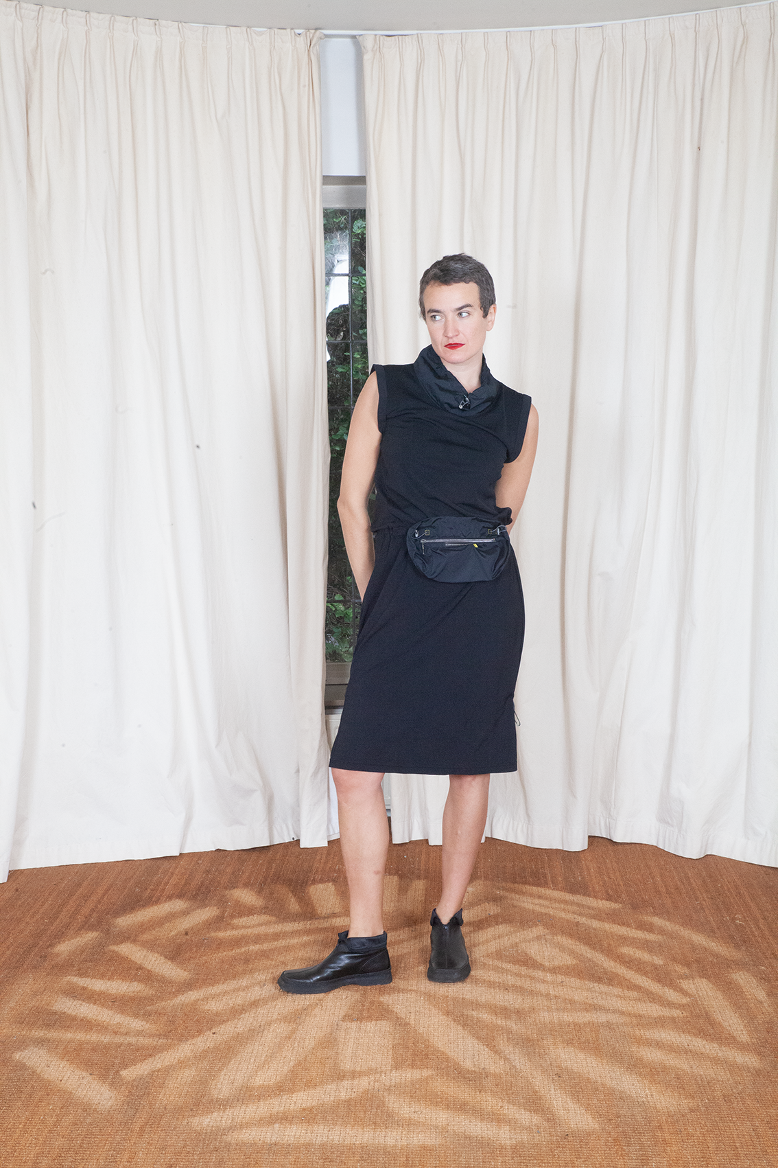 Marithé + François Girbaud 2000´s black sporty dress with nylon collar & waist bag