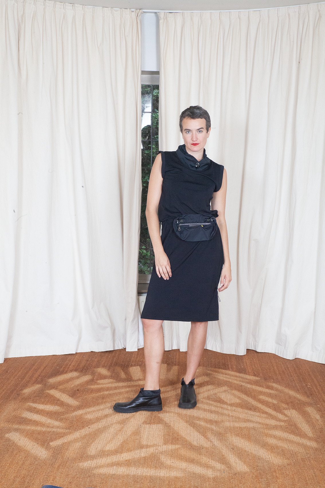 Marithé + François Girbaud 2000´s black sporty dress with nylon collar & waist bag