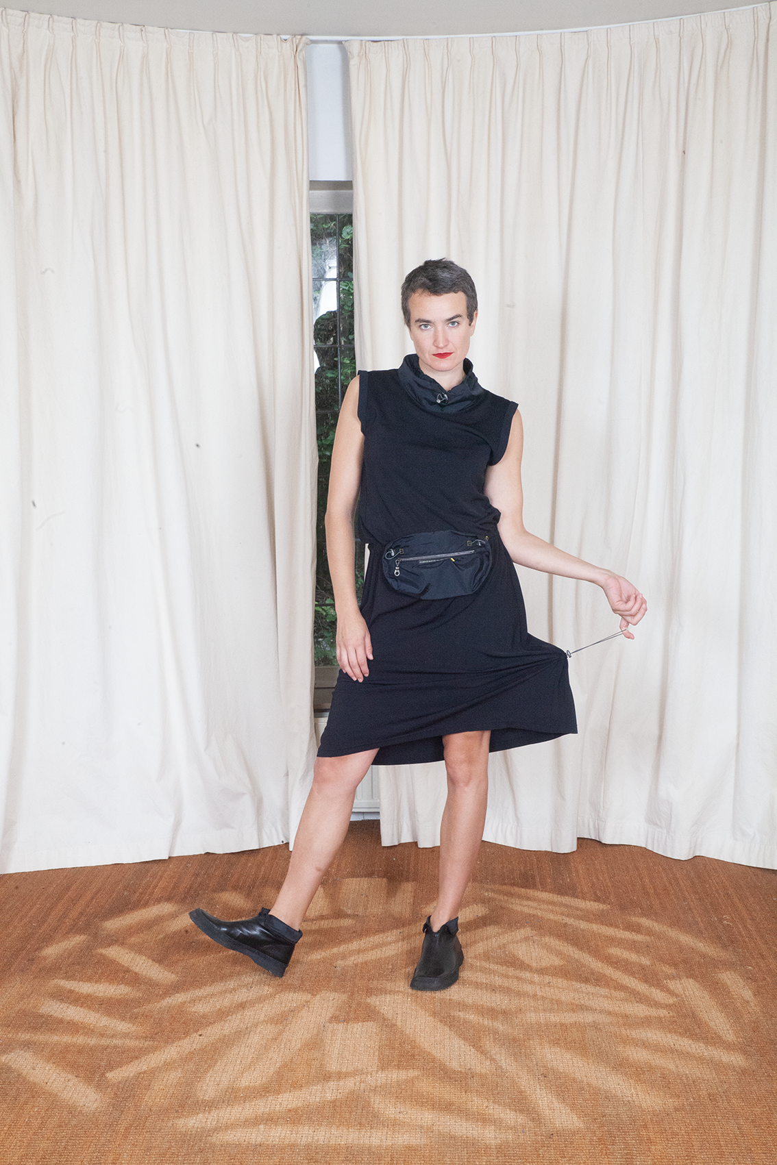 Marithé + François Girbaud 2000´s black sporty dress with nylon collar & waist bag