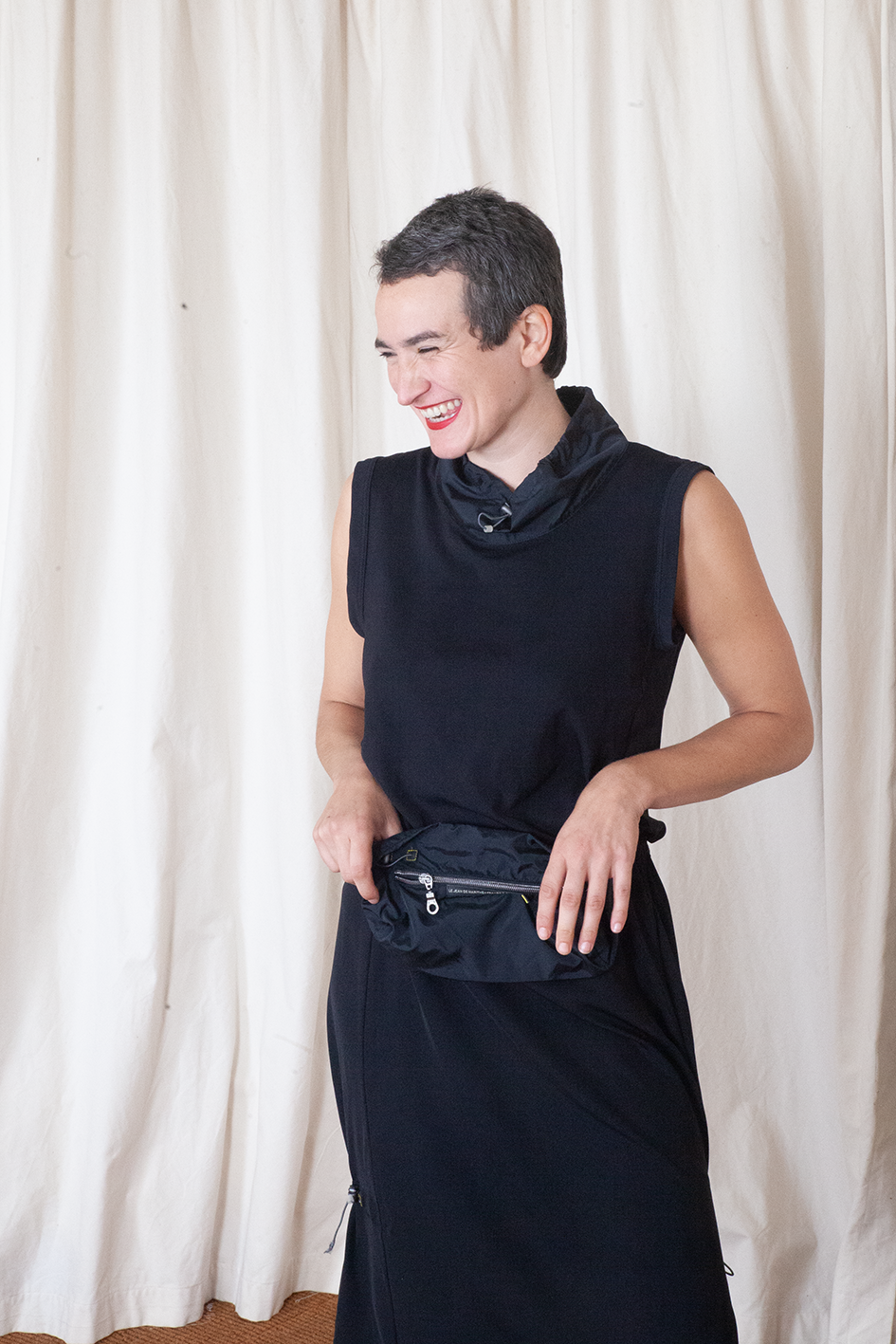 Marithé + François Girbaud 2000´s black sporty dress with nylon collar & waist bag