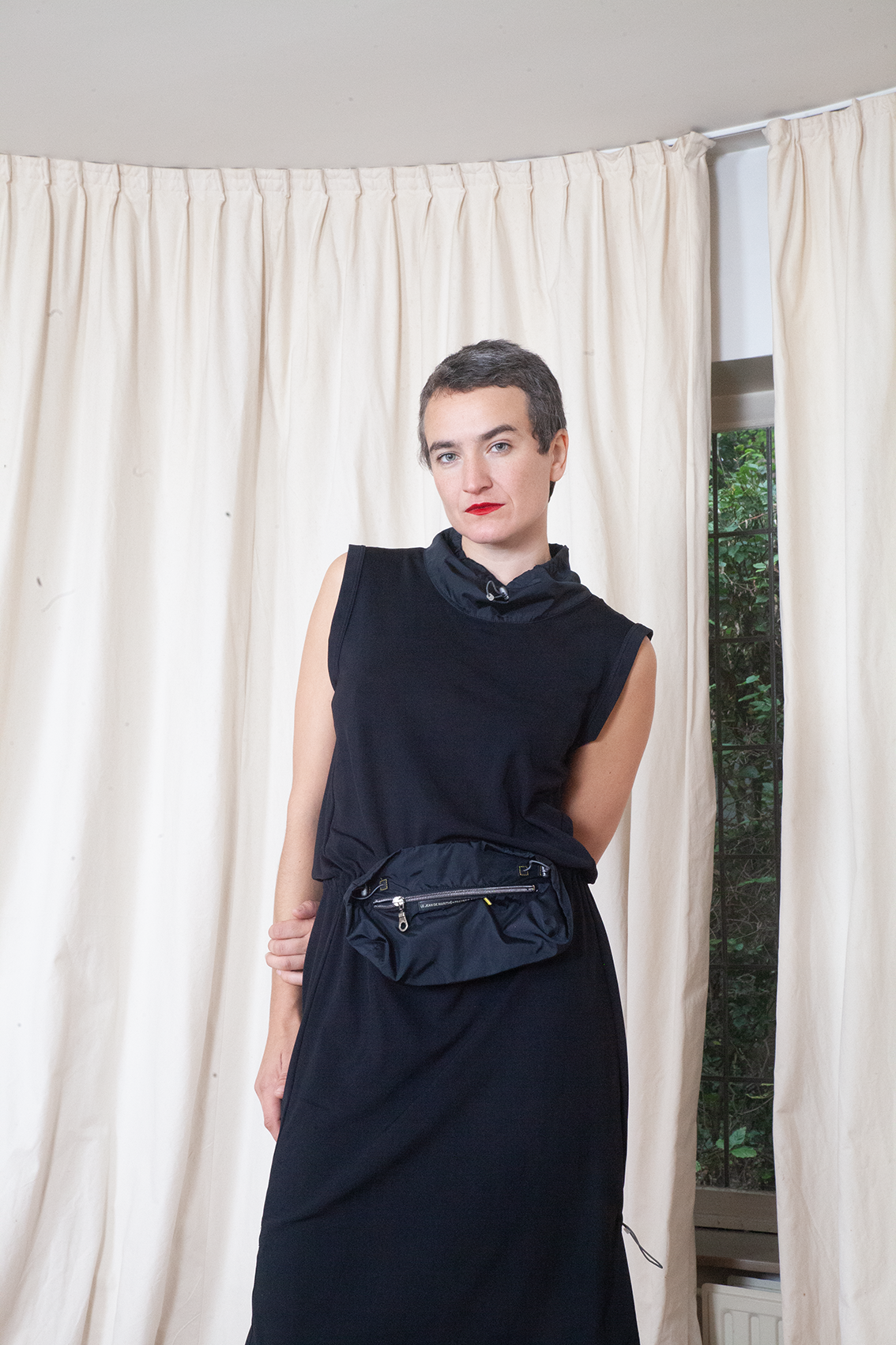 Marithé + François Girbaud 2000´s black sporty dress with nylon collar & waist bag