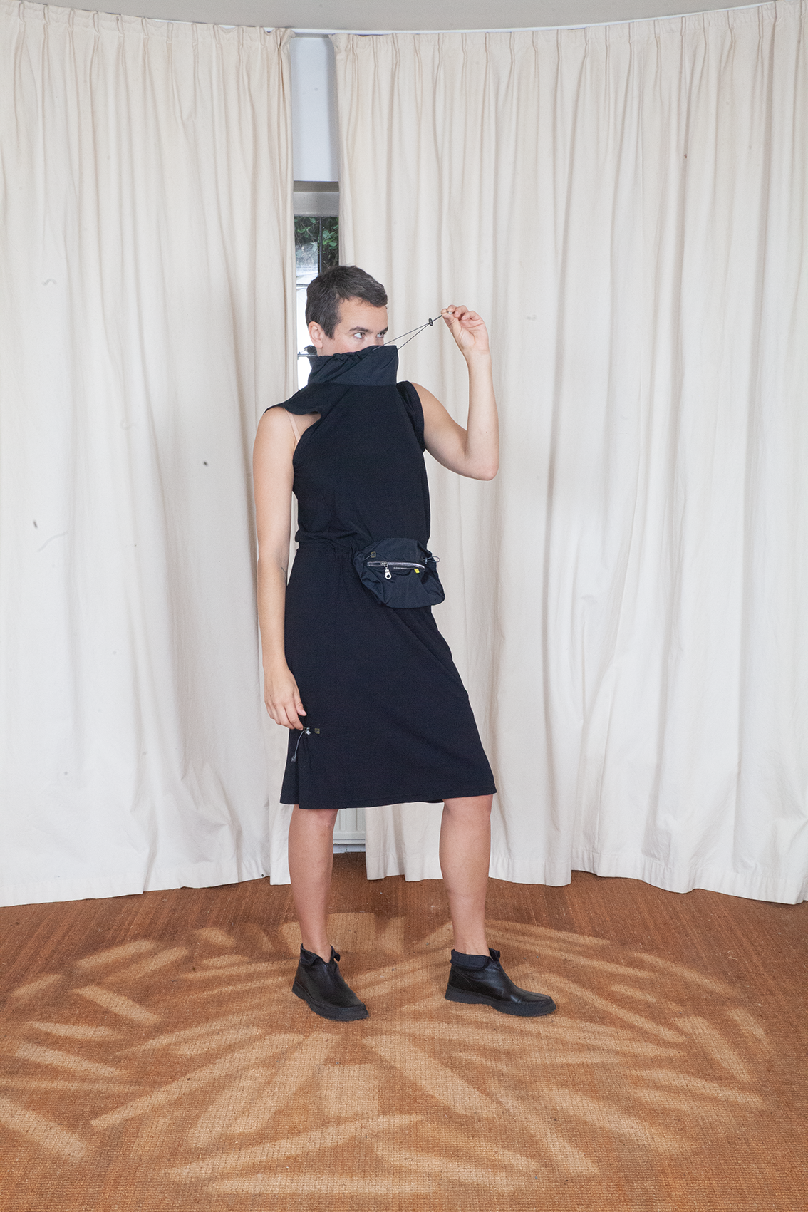 Marithé + François Girbaud 2000´s black sporty dress with nylon collar & waist bag