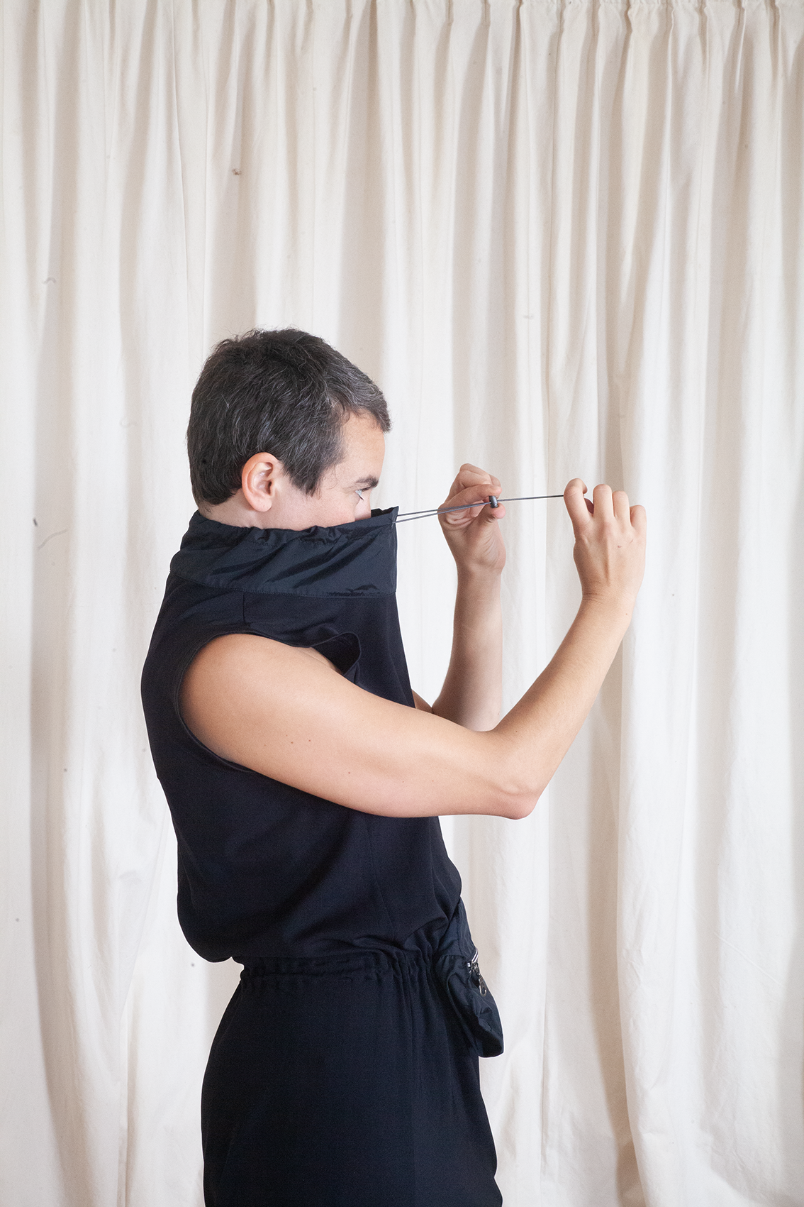 Marithé + François Girbaud 2000´s black sporty dress with nylon collar & waist bag