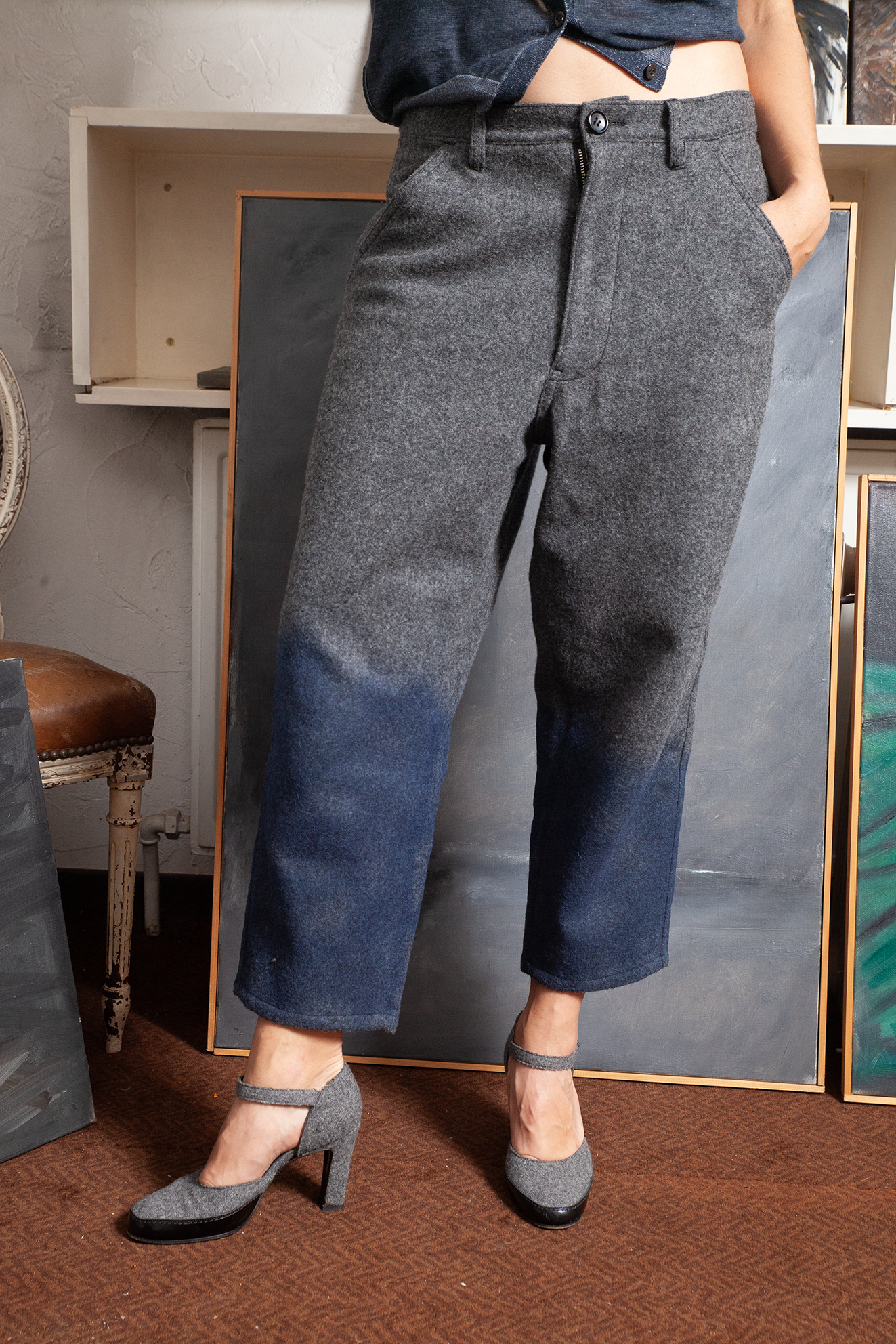 Comme des Garçons 2000's grey wool trousers with waxed blue coated ombre effect