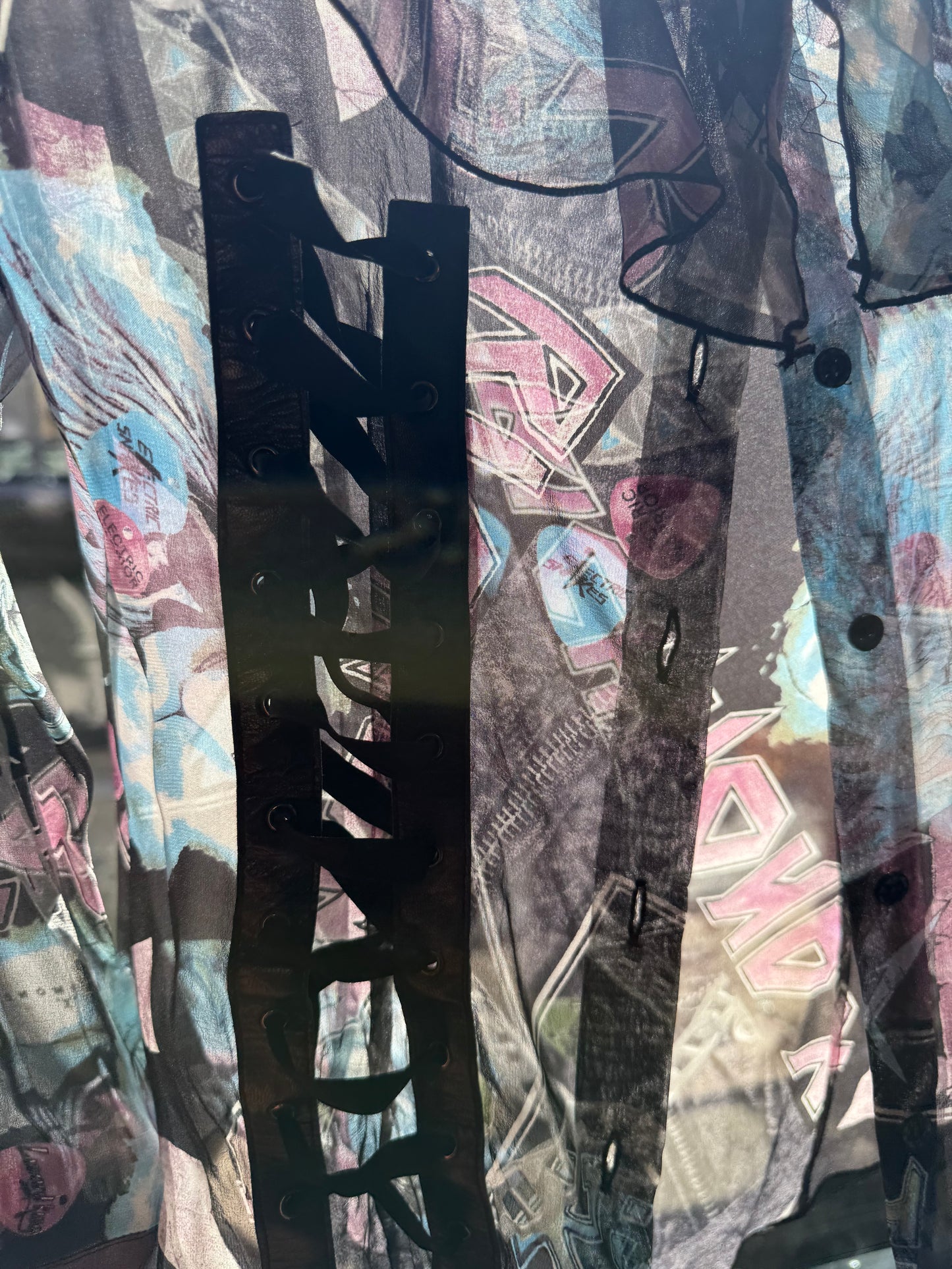 John Richmond 2000's silk black, blue & pink graphic printed shirt with lace detail