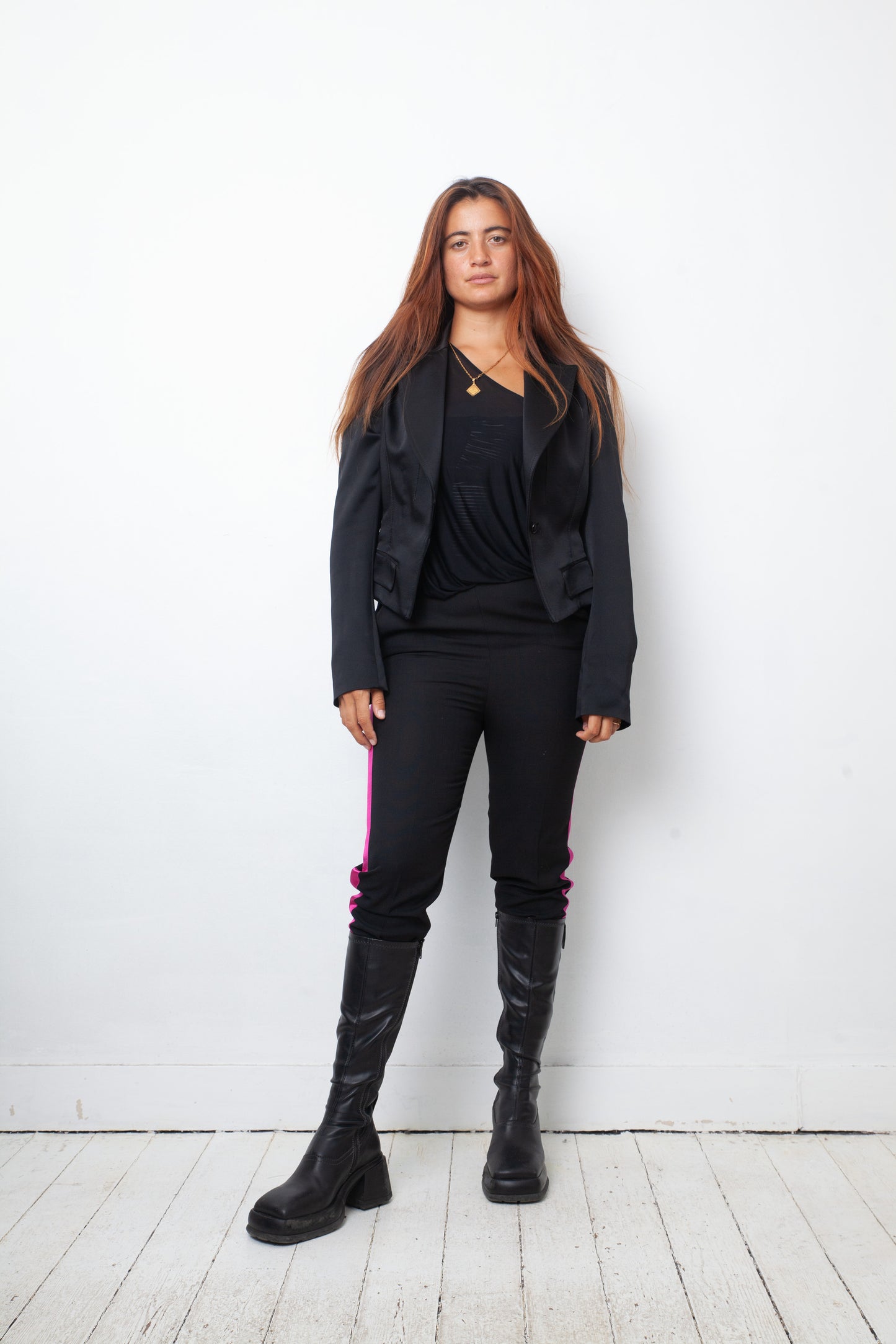 Haider Ackermann 2000's silk black pantsuit with fuchsia lining