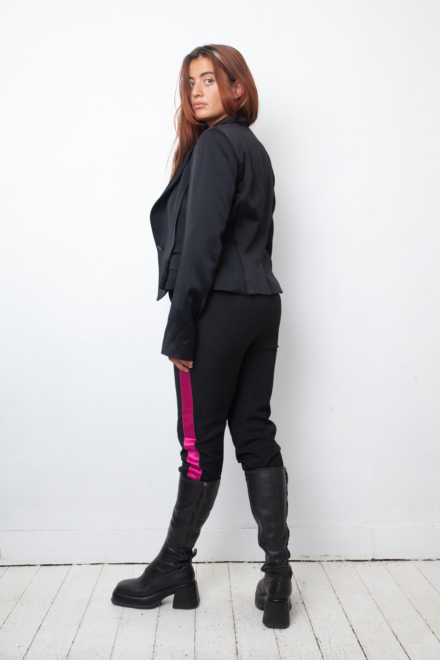 Haider Ackermann 2000's silk black pantsuit with fuchsia lining