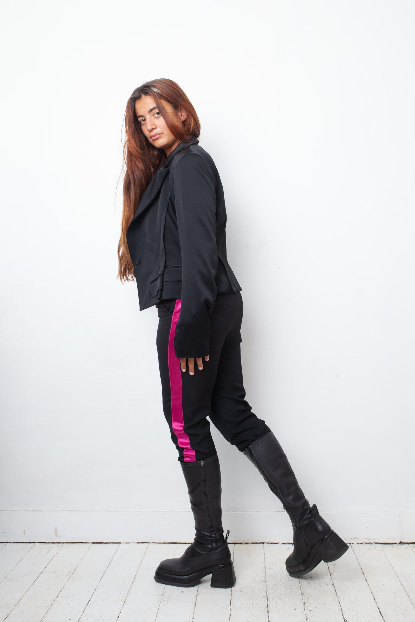 Haider Ackermann 2000's silk black pantsuit with fuchsia lining