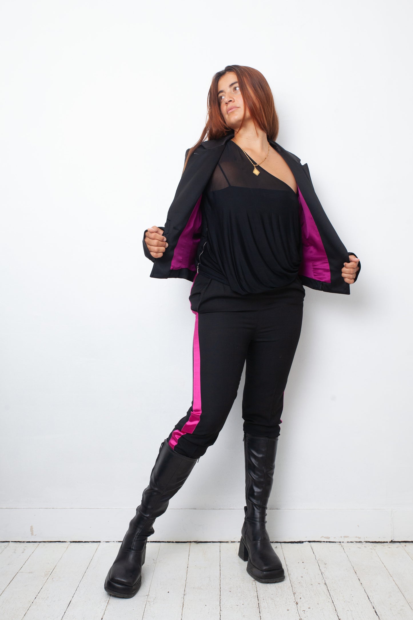 Haider Ackermann 2000's silk black pantsuit with fuchsia lining