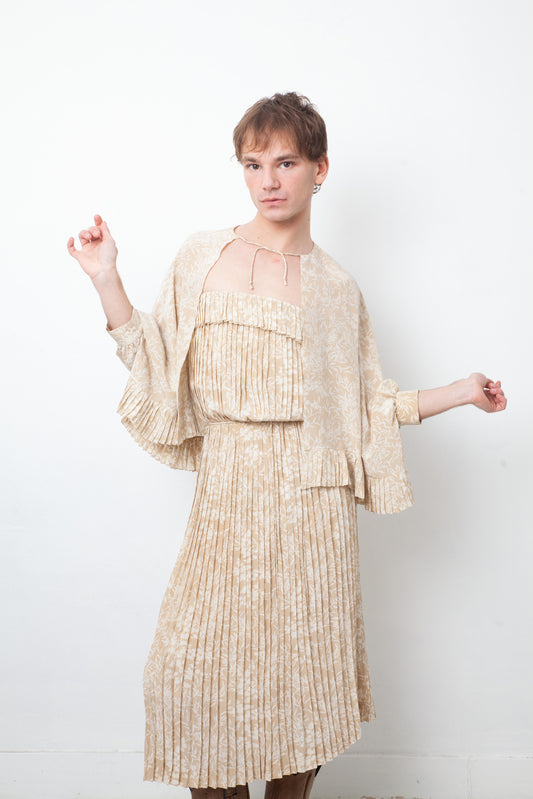 Pierre Cardin 60's silk beige pleated bustier dress with matching bolero jacket