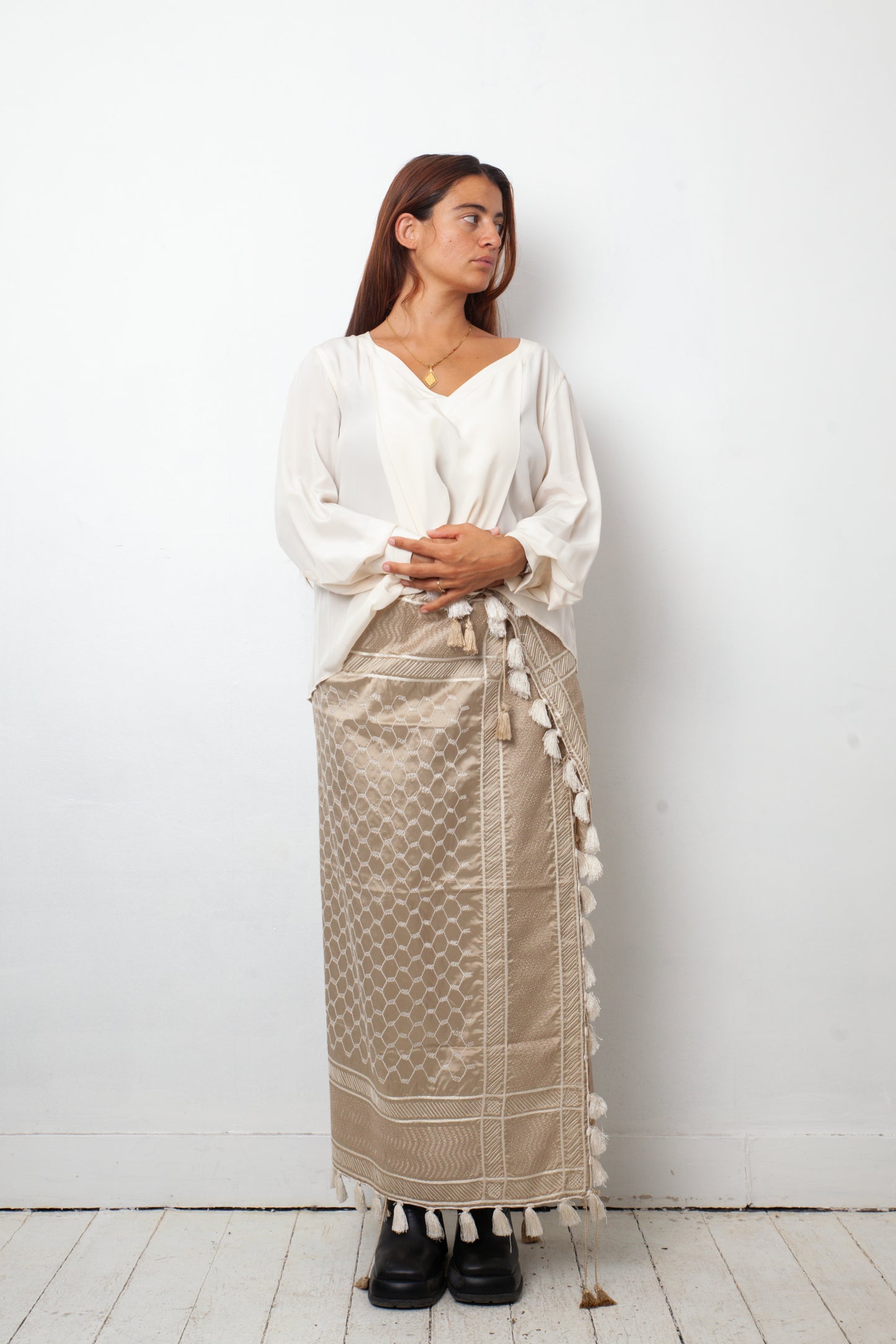 Dries van Noten 2000's "keffiyeh" inspired golden sarong with tassels