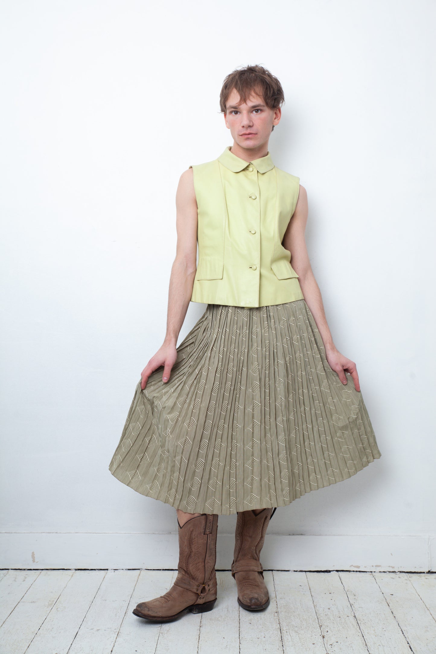 Pierre Cardin 1970's green pleated graphic print skirt