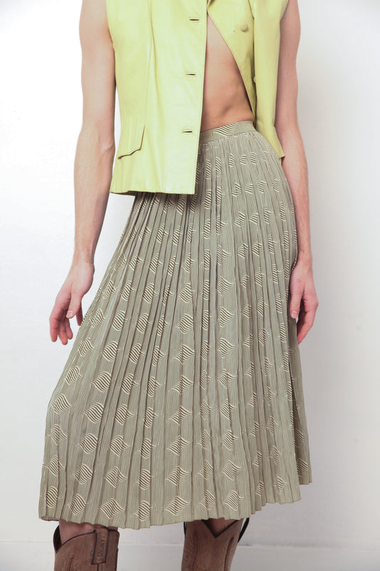 Pierre Cardin 1970's green pleated graphic print skirt