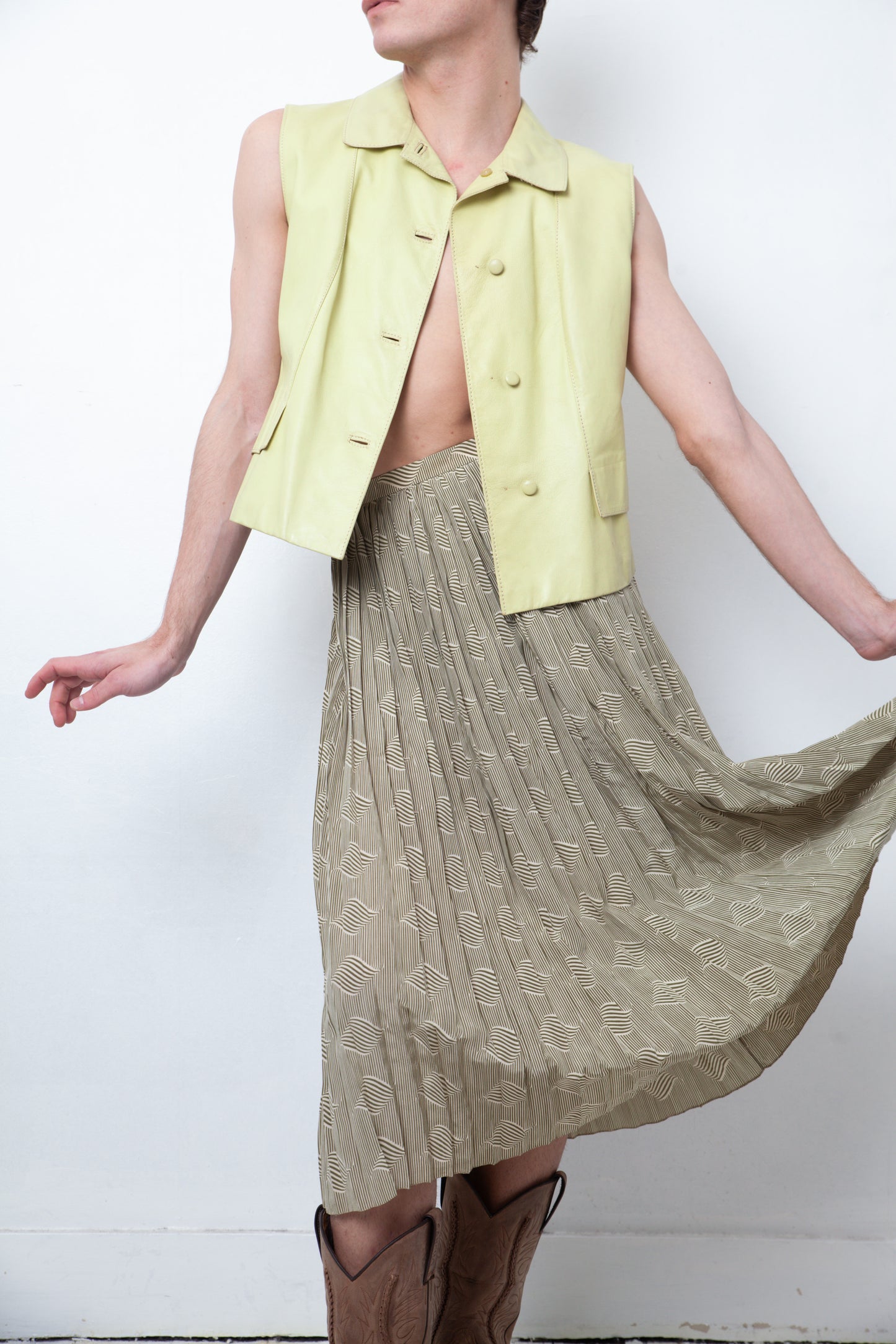 Pierre Cardin 1970's green pleated graphic print skirt