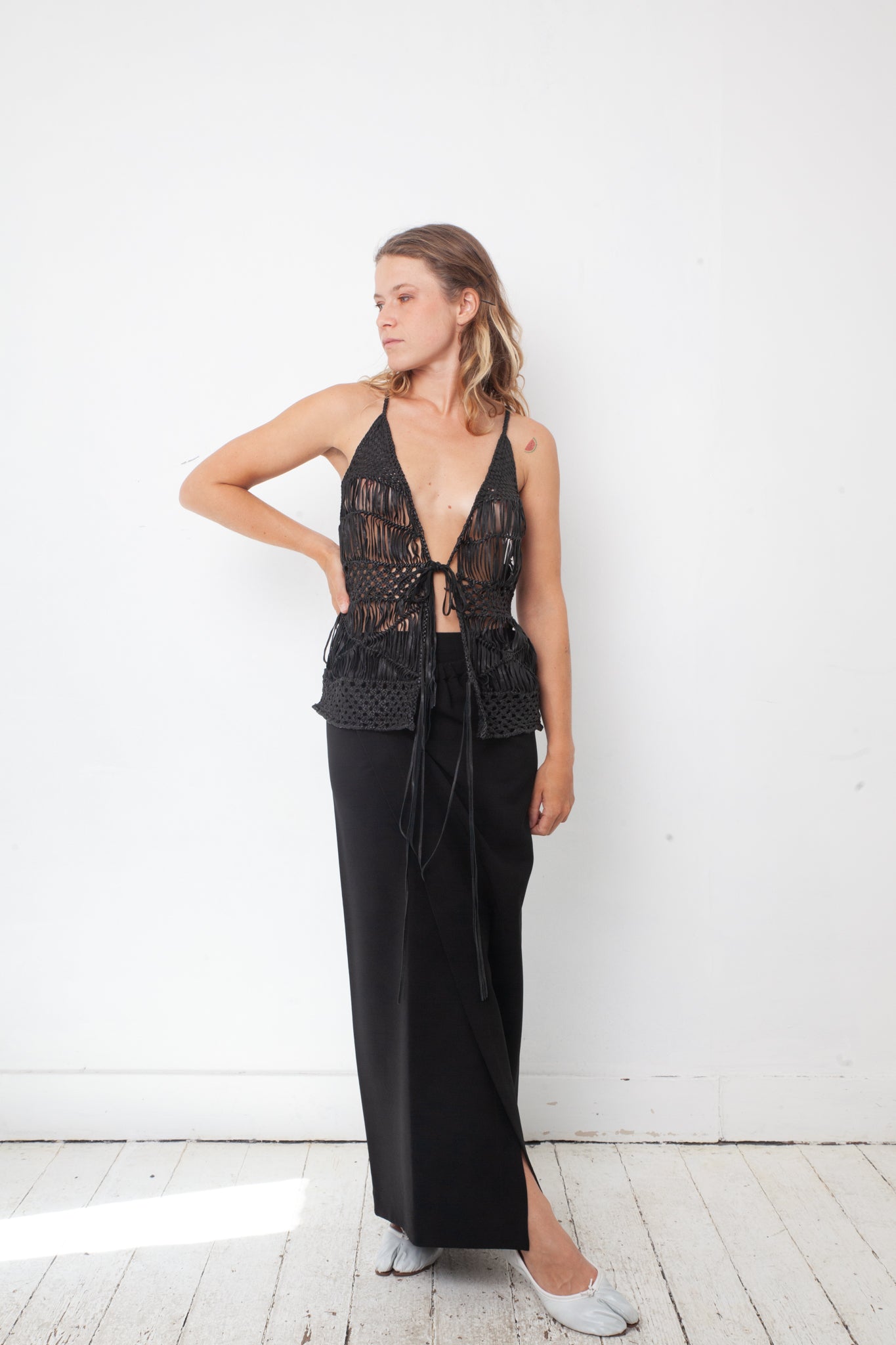 Sylvie Schimmel 2000's crocheted black leather top