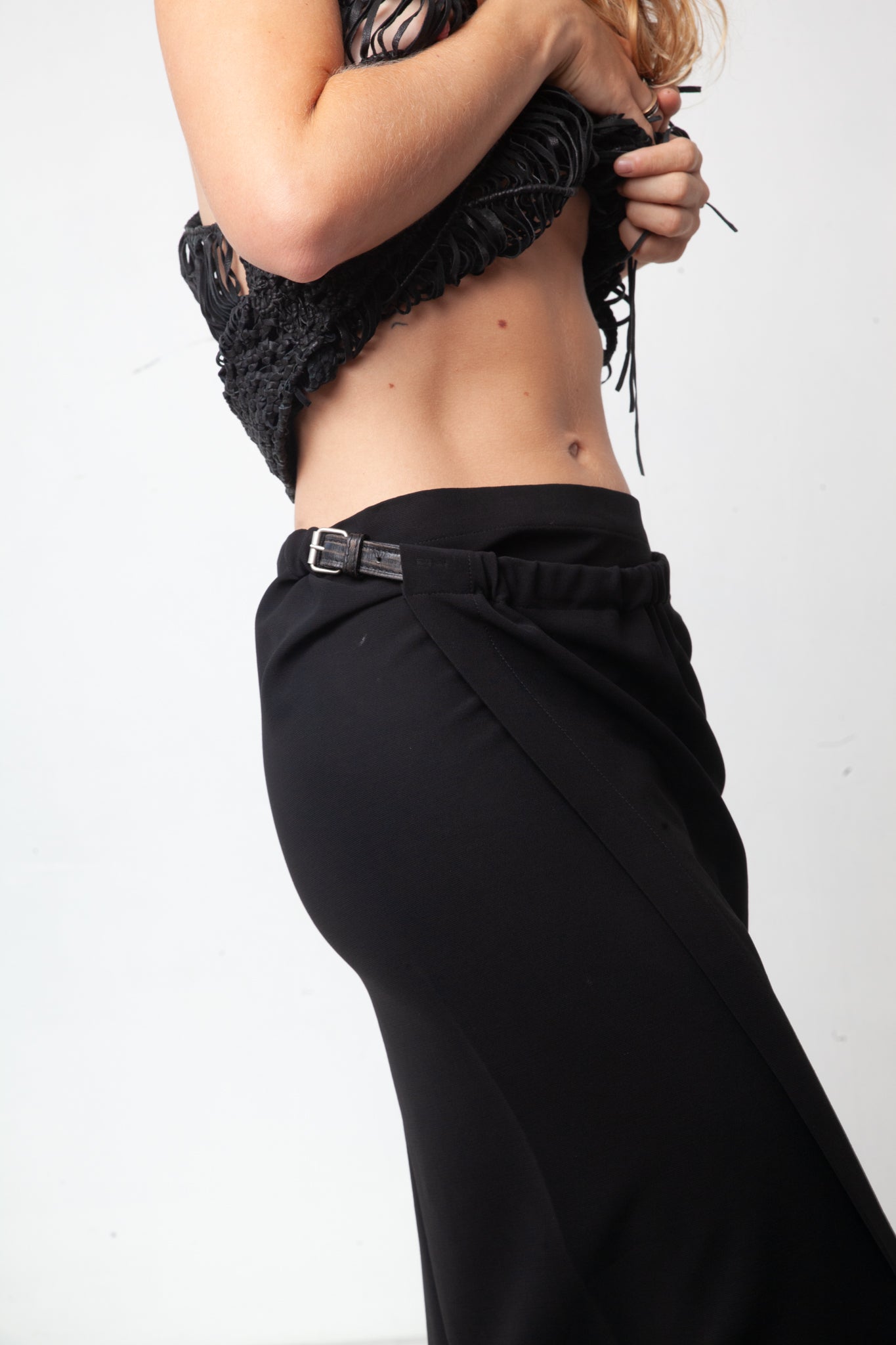 Jean Paul Gaultier 90's black wool and rayon wrap skirt with belt