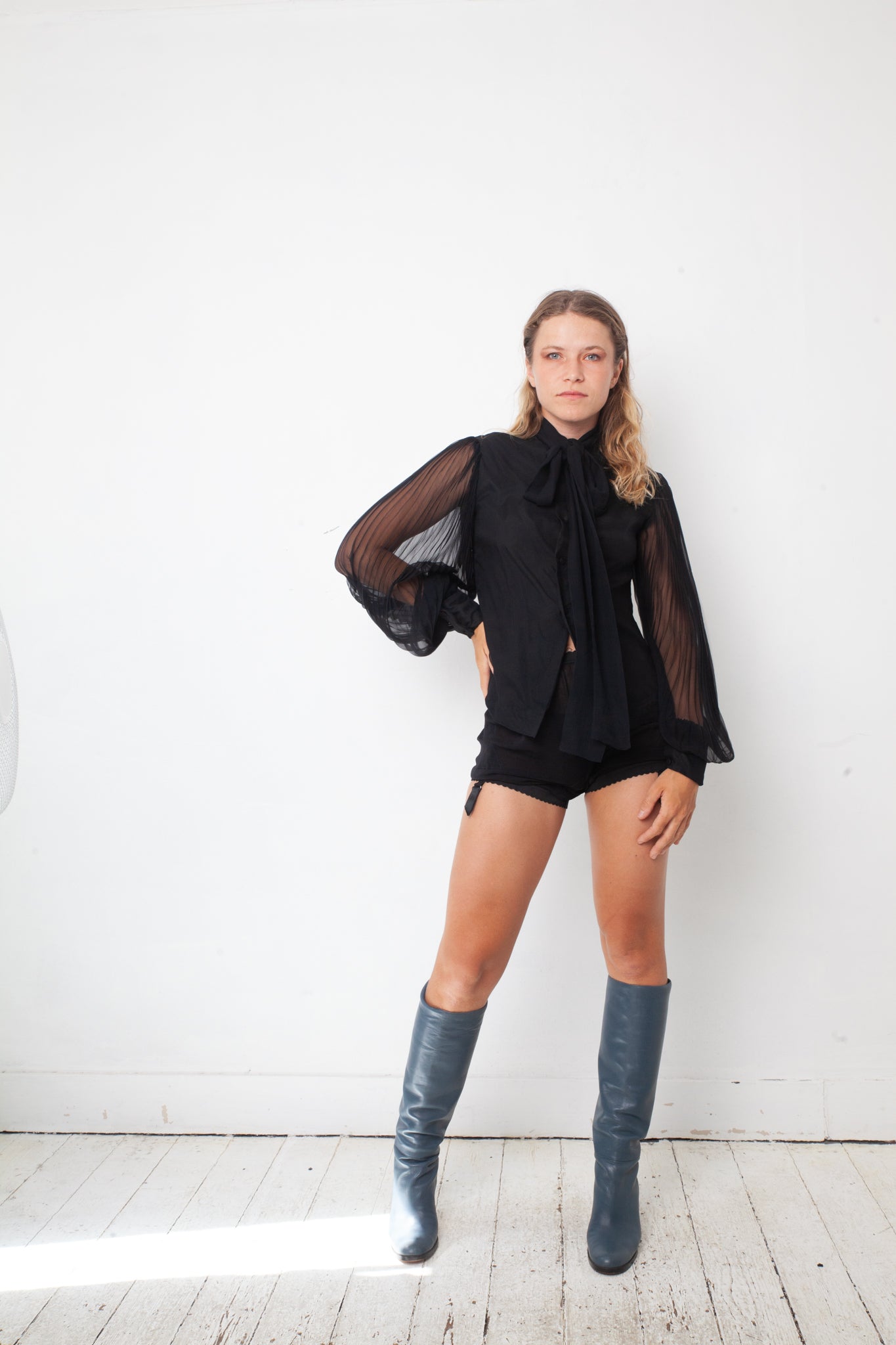 Vintage 1920's black silk shirt with pleated sheer balloon sleeves