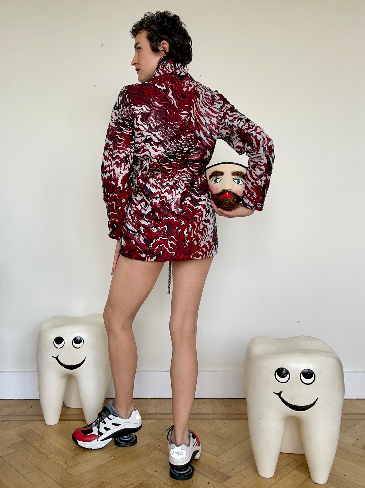 Jean-Paul Lespagnard red, black and white lurex jacket with wavy pattern and rope belt