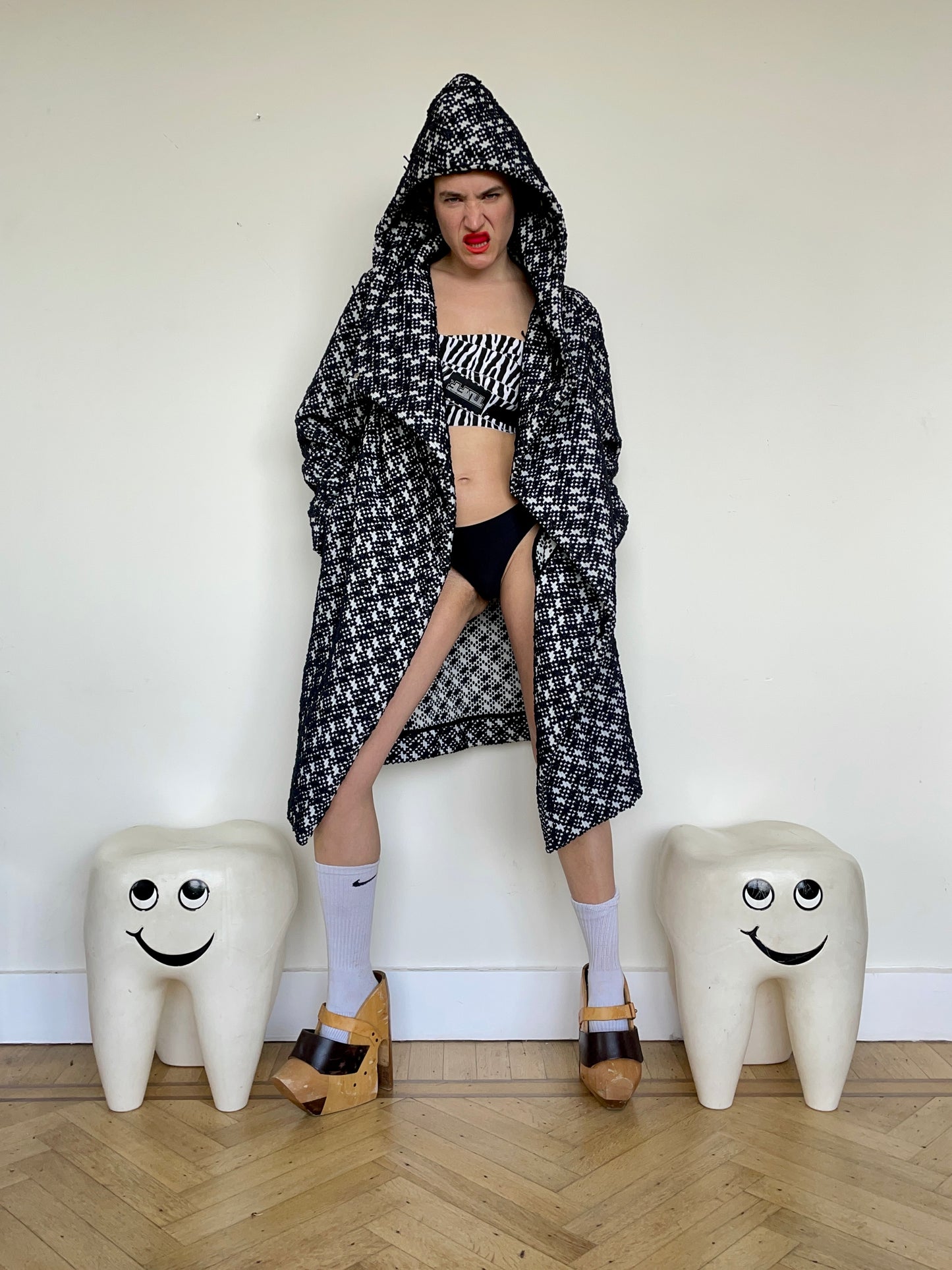 Jean-Paul Lespagnard black and white unlined bouclé coat with hood