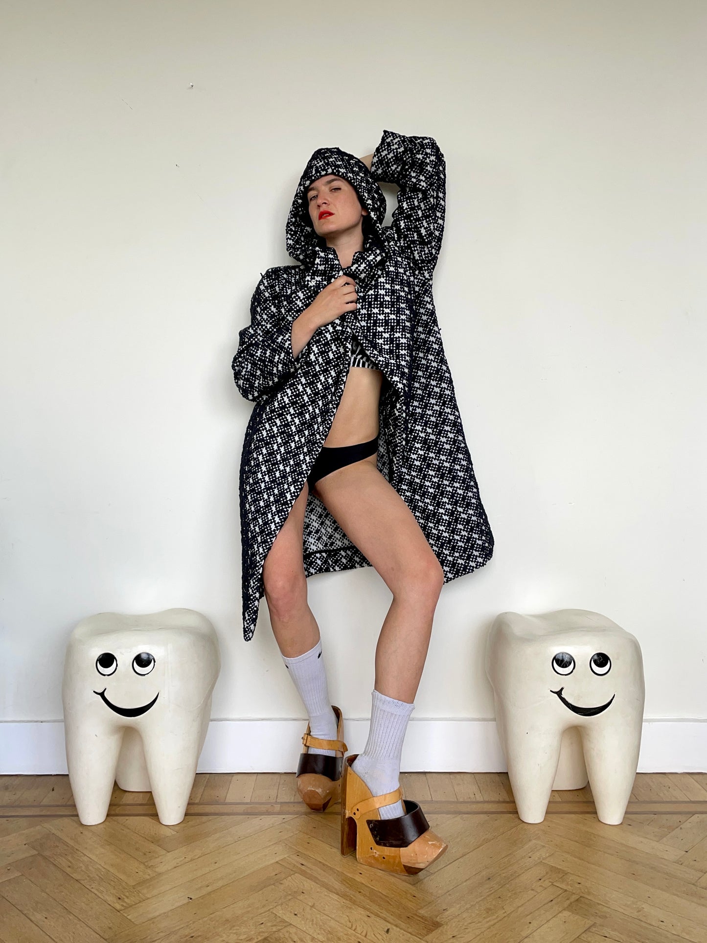 Jean-Paul Lespagnard black and white unlined bouclé coat with hood
