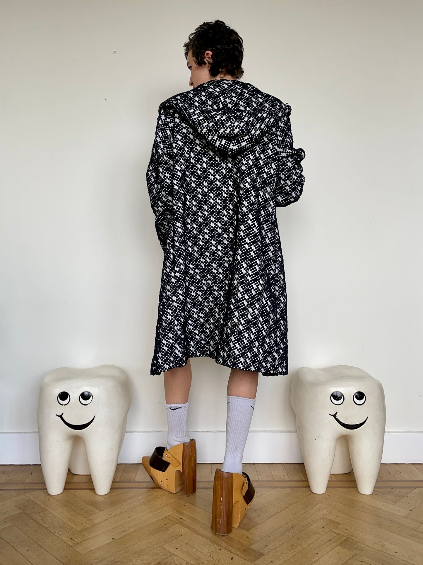 Jean-Paul Lespagnard black and white unlined bouclé coat with hood