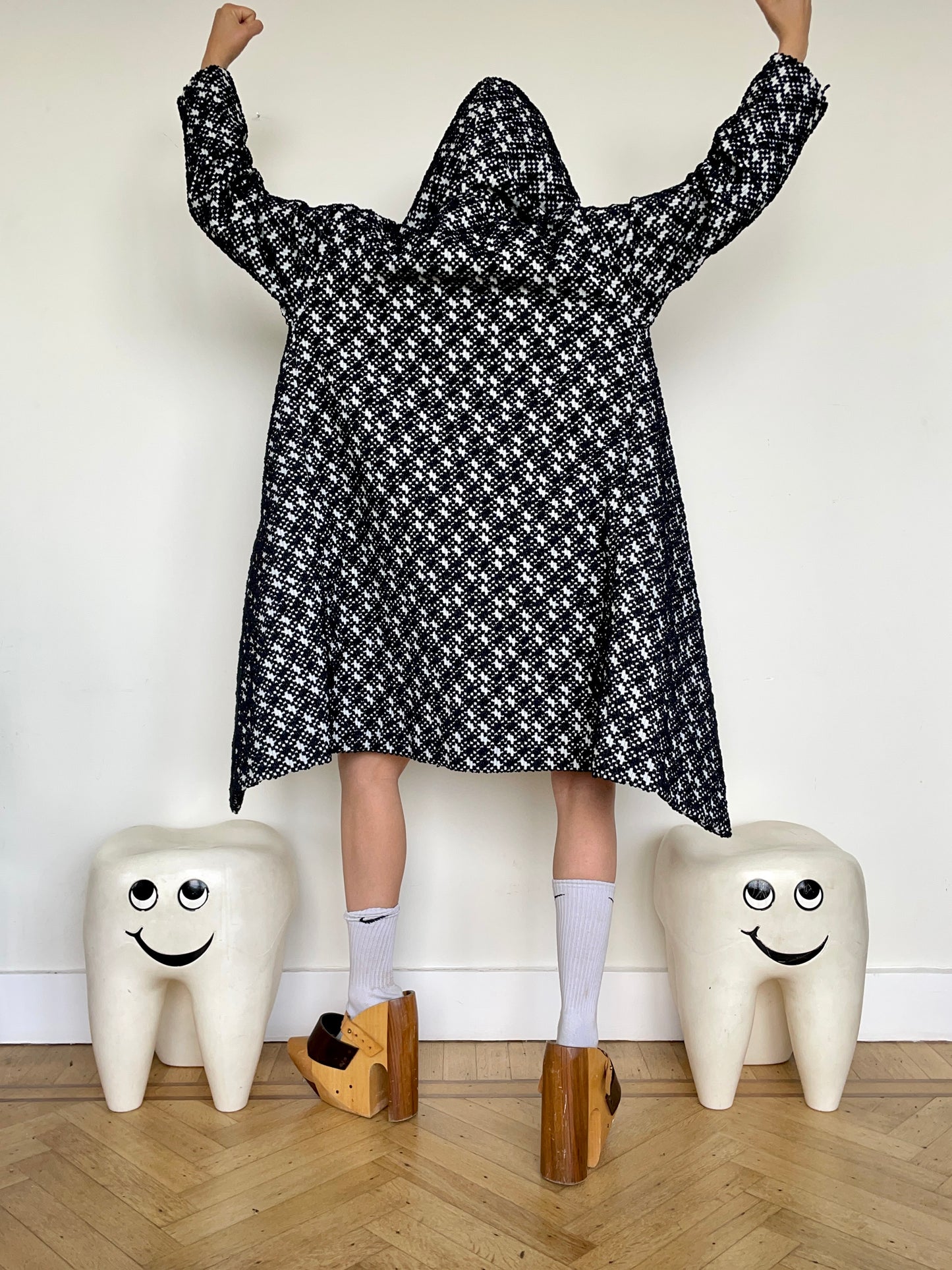 Jean-Paul Lespagnard black and white unlined bouclé coat with hood