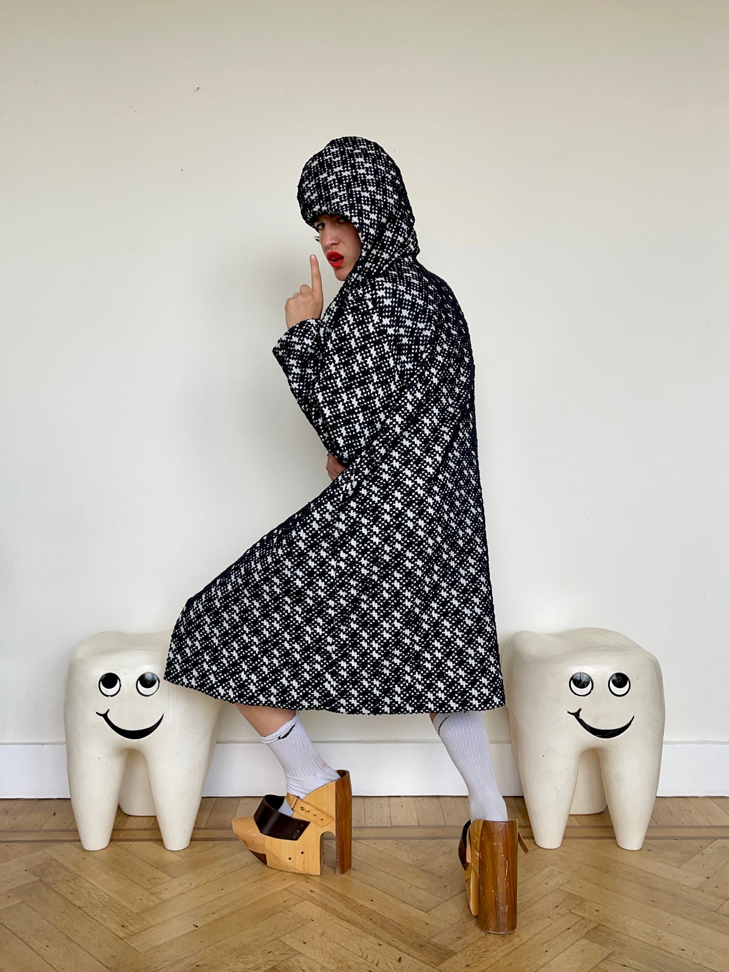 Jean-Paul Lespagnard black and white unlined bouclé coat with hood