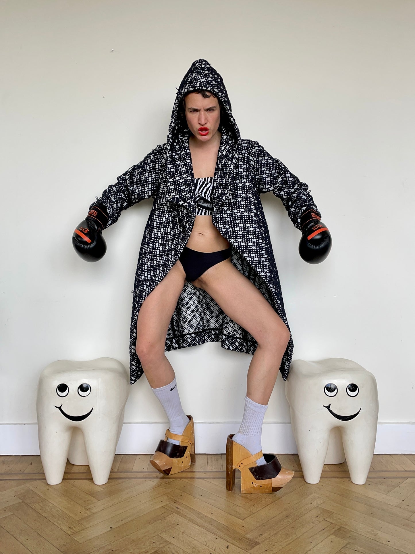 Jean-Paul Lespagnard black and white unlined bouclé coat with hood
