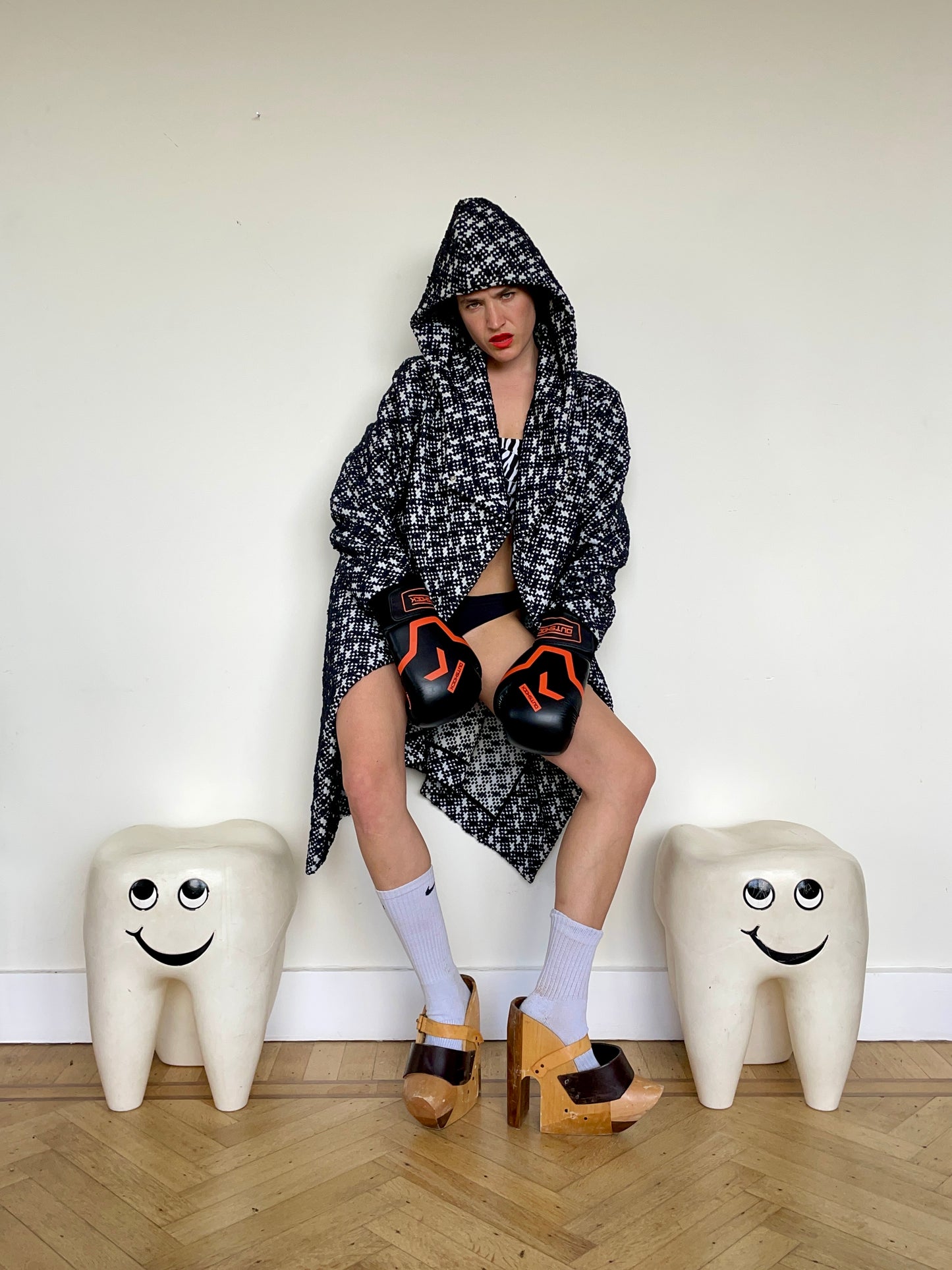 Jean-Paul Lespagnard black and white unlined bouclé coat with hood