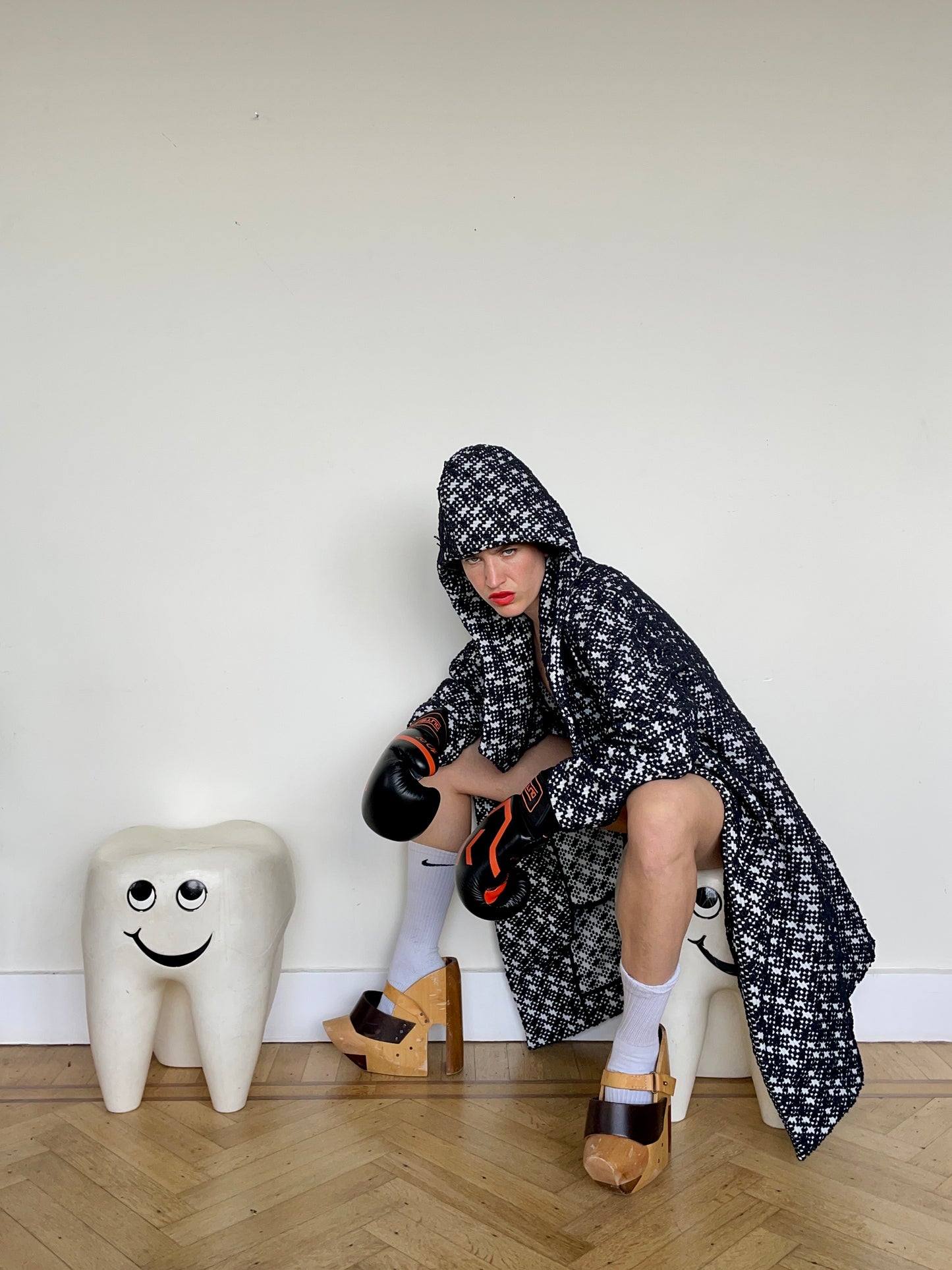 Jean-Paul Lespagnard black and white unlined bouclé coat with hood
