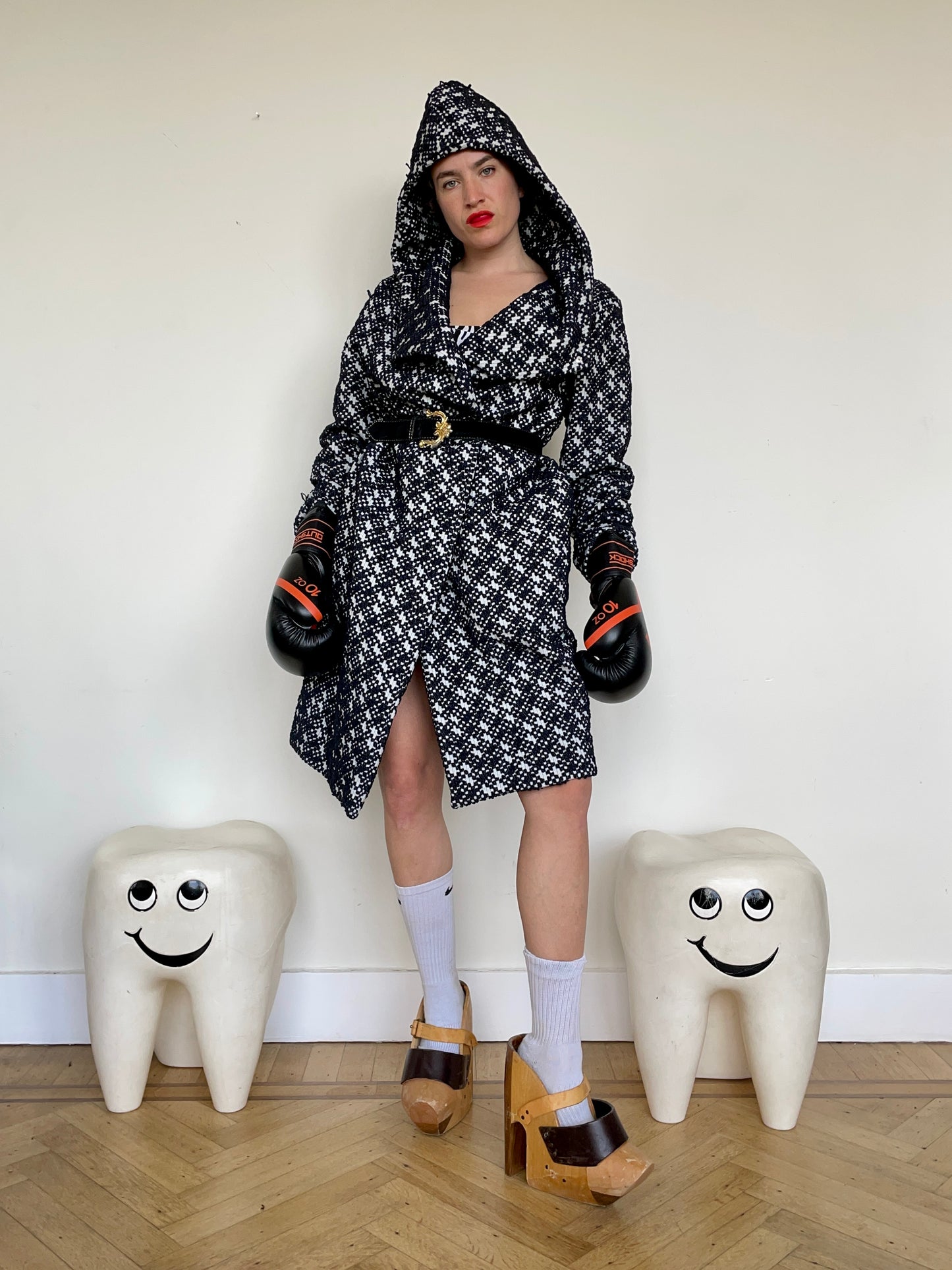 Jean-Paul Lespagnard black and white unlined bouclé coat with hood