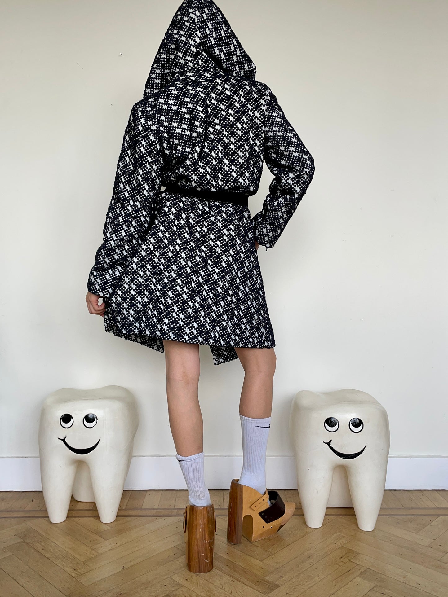 Jean-Paul Lespagnard black and white unlined bouclé coat with hood
