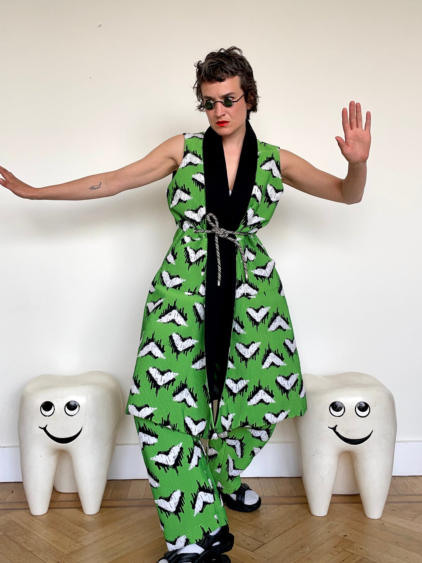 Jean-Paul Lespagnard green, white and black graphic "wheel traces" jacquard waist coat